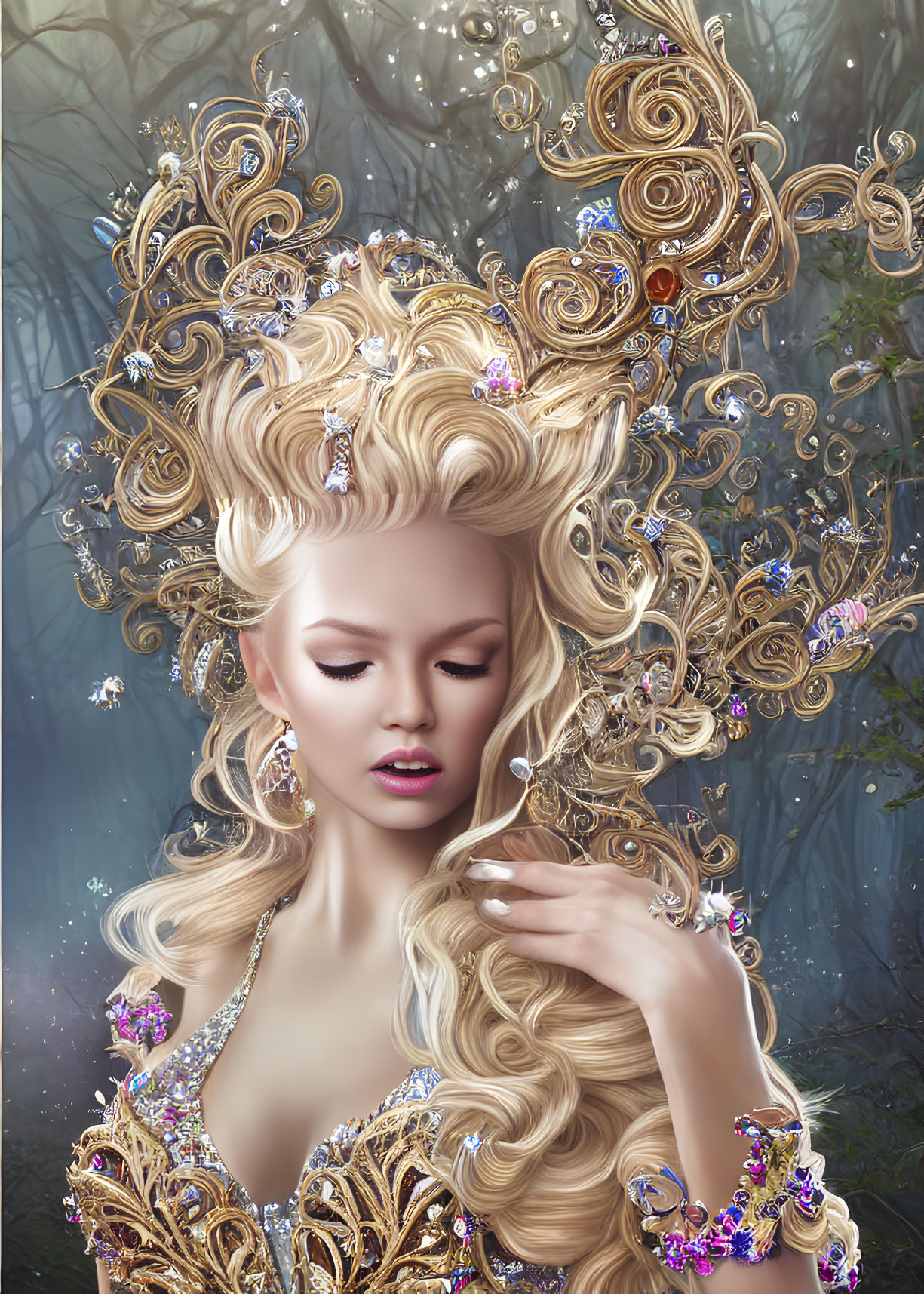 Elaborate golden hair with jewels in whimsical forest scene