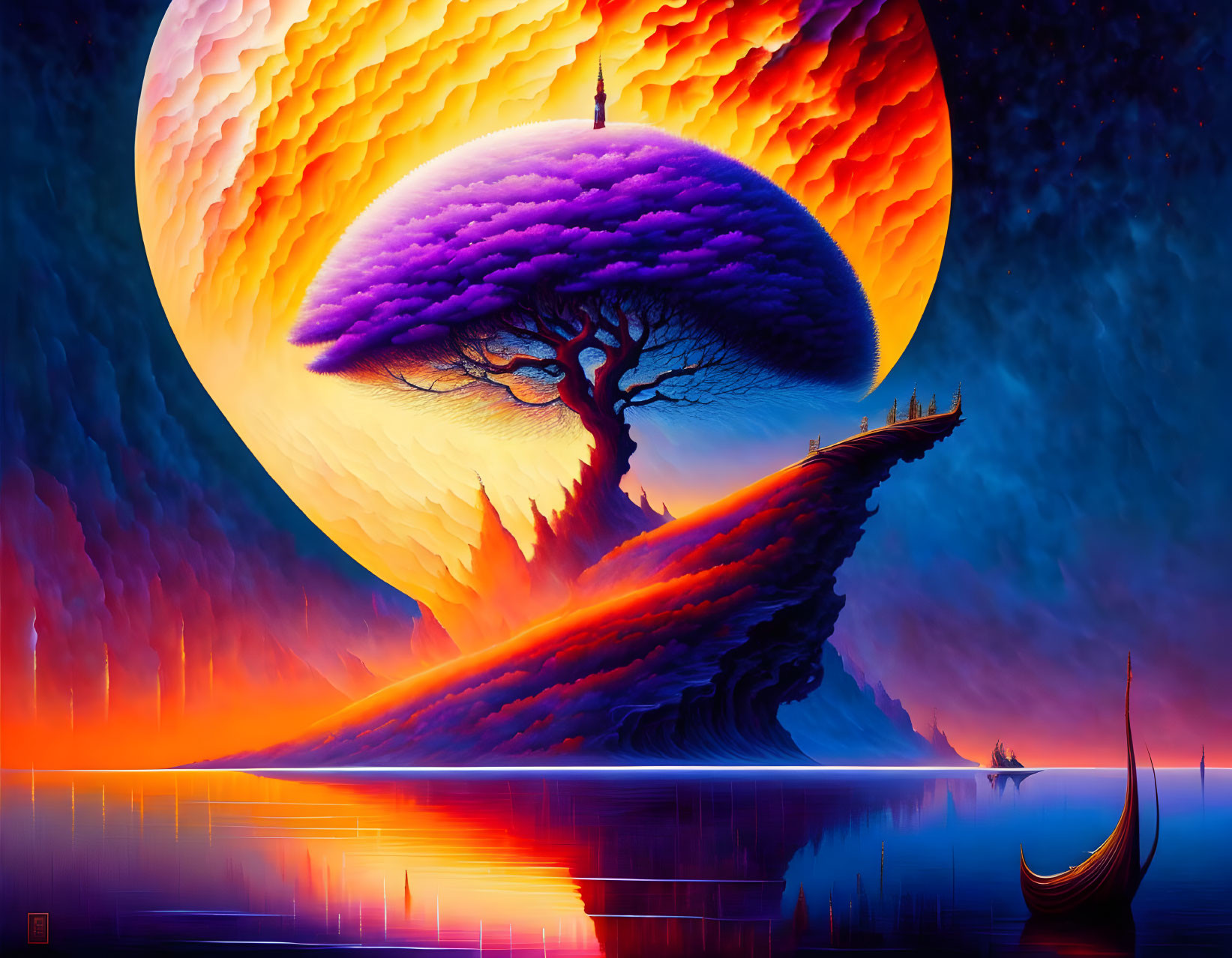 Digital artwork: Massive tree on hill, giant planet, water reflection & boats