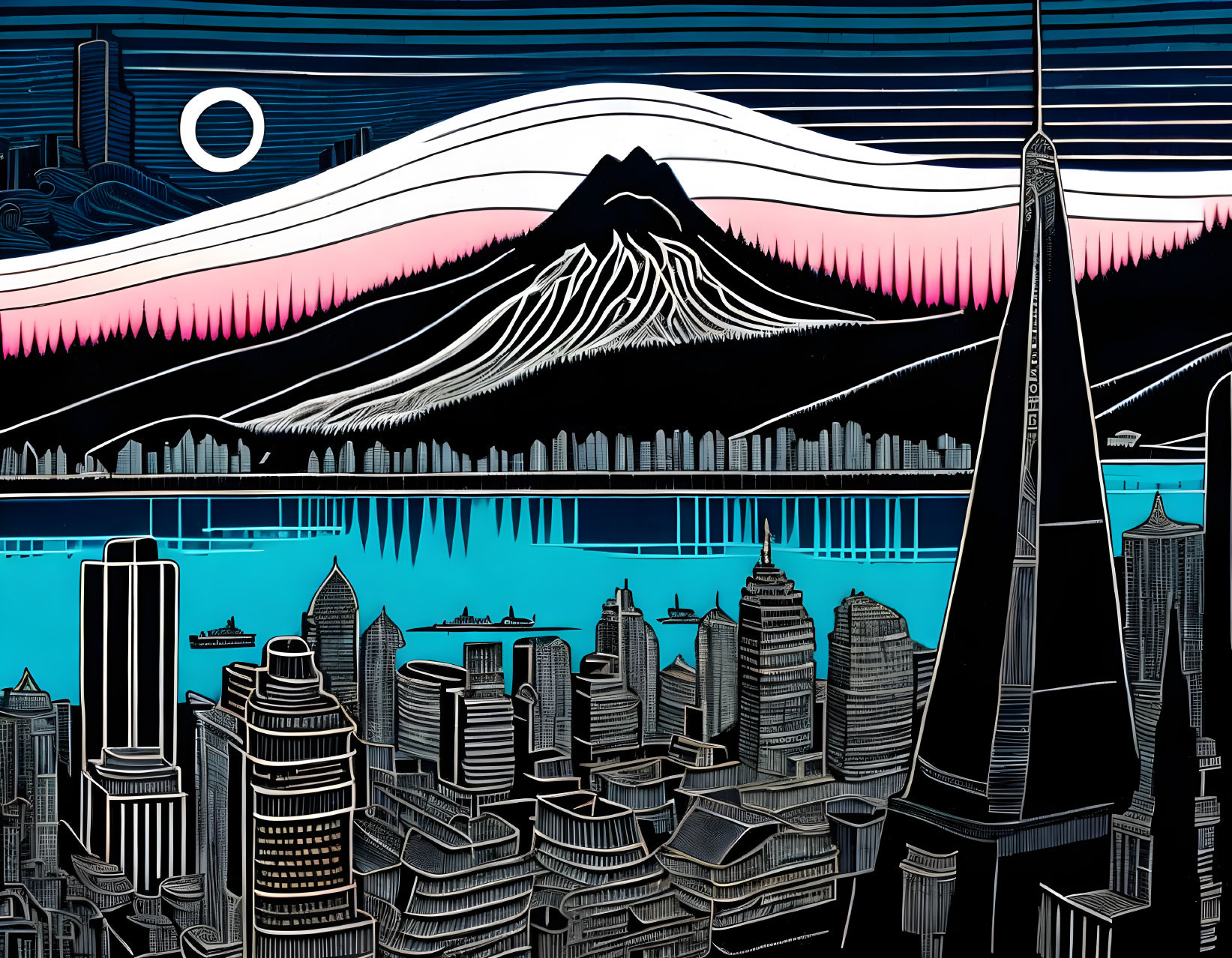 Cityscape with mountain backdrop, night sky, pink aurora, and large moon