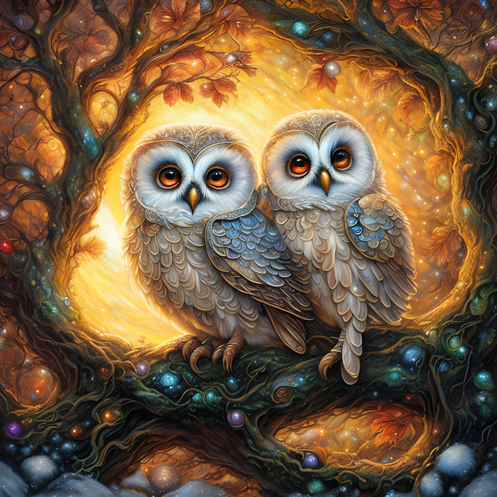 Illustrated Owls in Fall Fantasy Scene