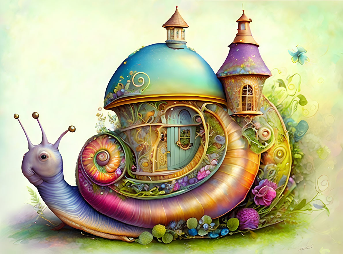 Colorful Snail Illustration with Fairy-Tale Cottage Shell & Vibrant Flowers