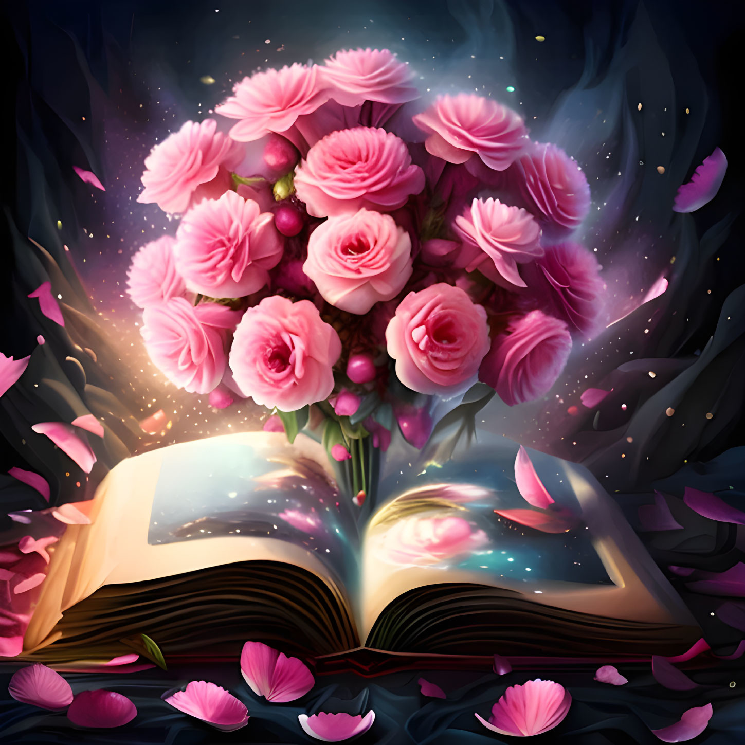 Open book with glowing pink flowers on dark backdrop