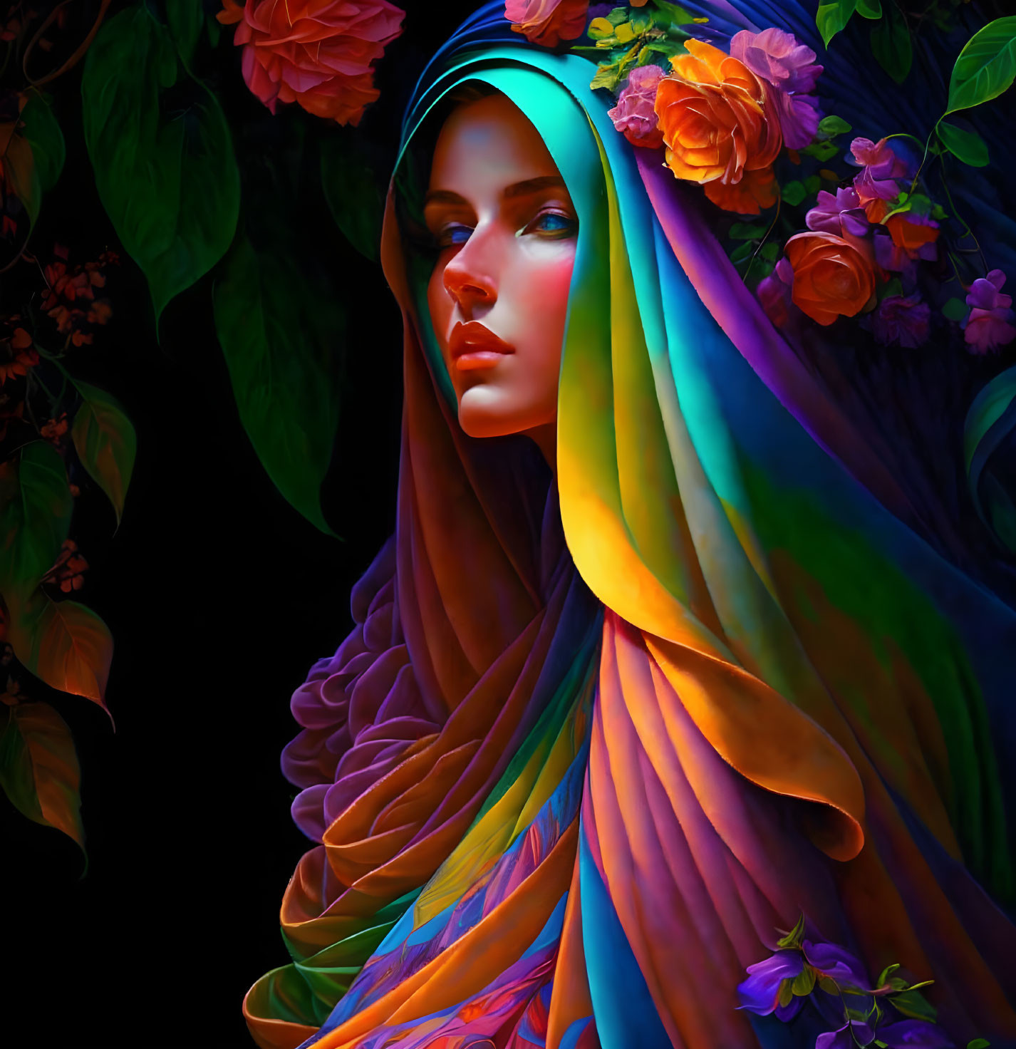 Vibrant digital artwork: Woman in rainbow scarf with flowers on dark backdrop