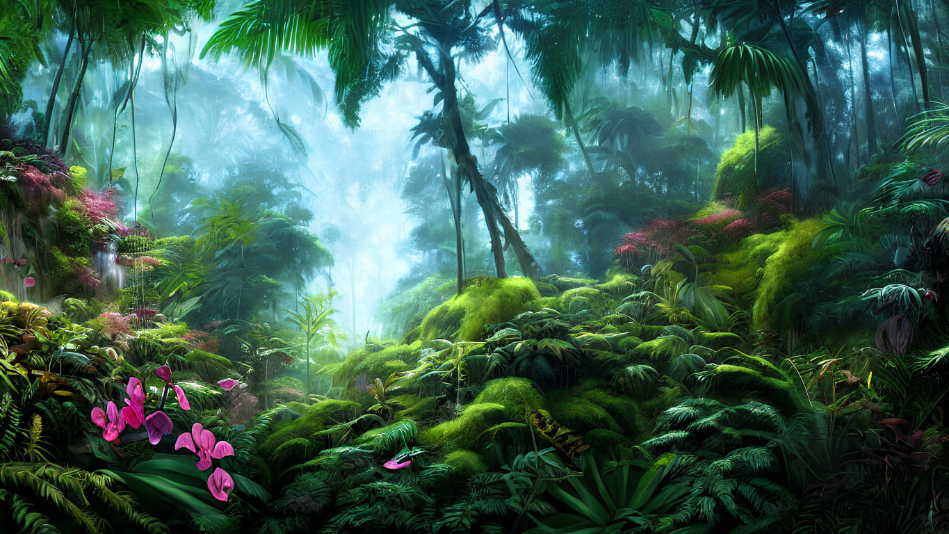 Lush vibrant rainforest with dense green foliage and colorful flowers