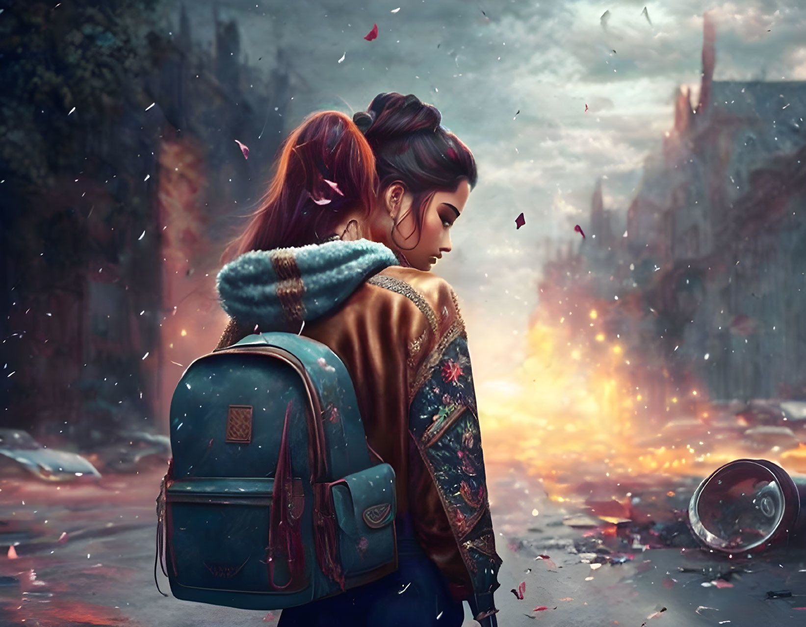 Young woman in contemplation amidst surreal fiery urban wreckage