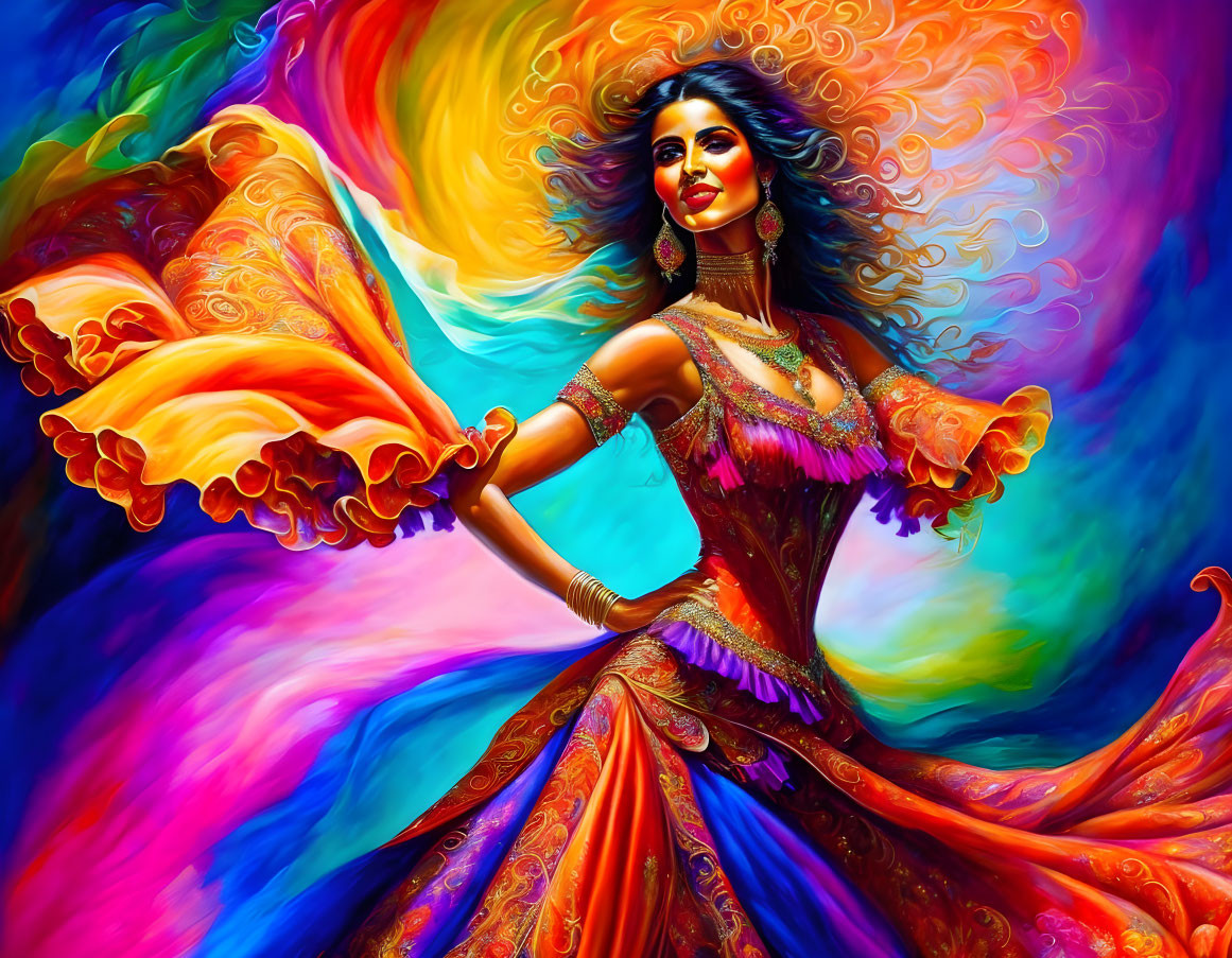 Colorful painting: Woman in traditional attire on vibrant background