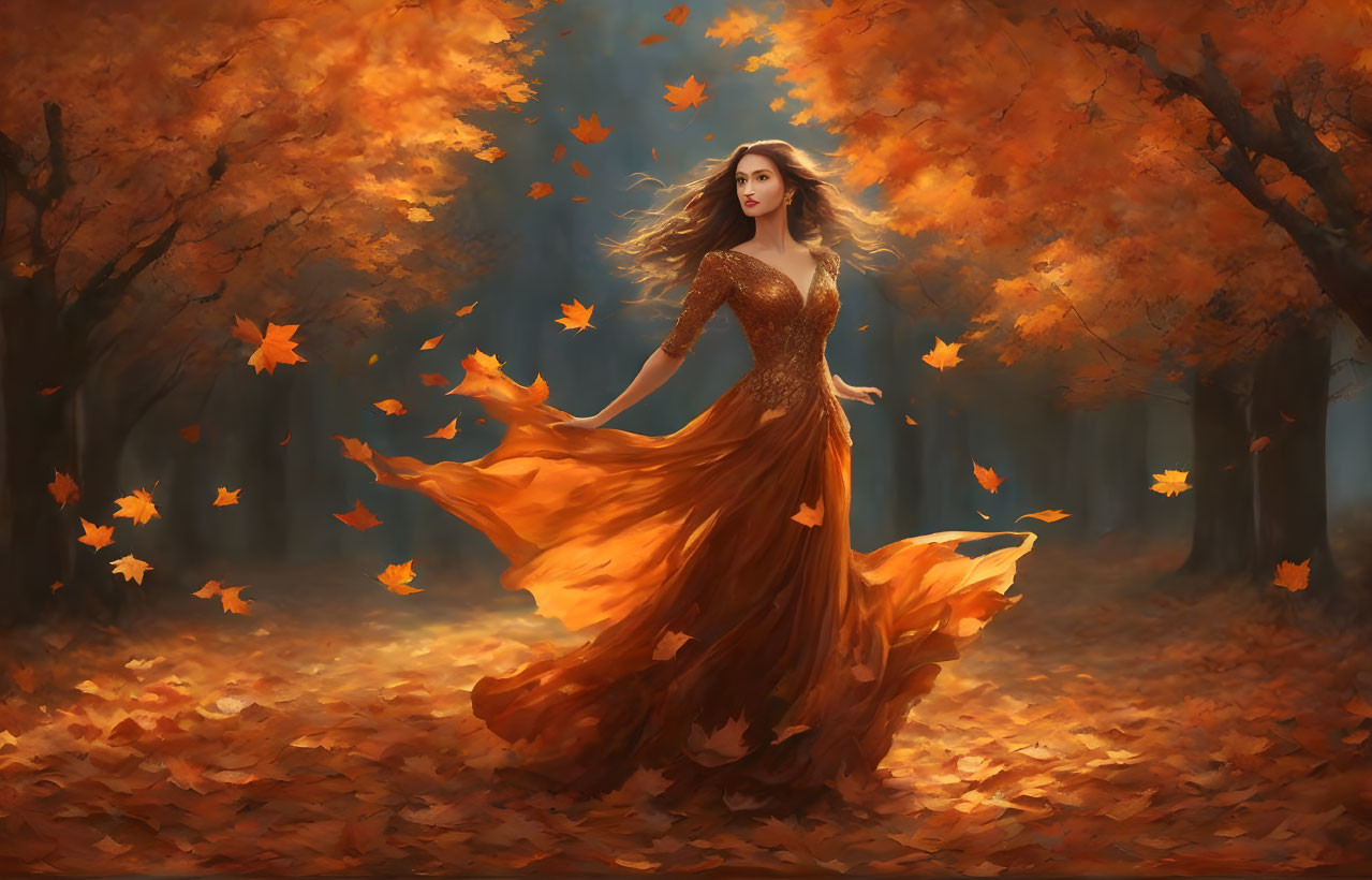 Woman in elegant orange gown dances in forest with swirling autumn leaves