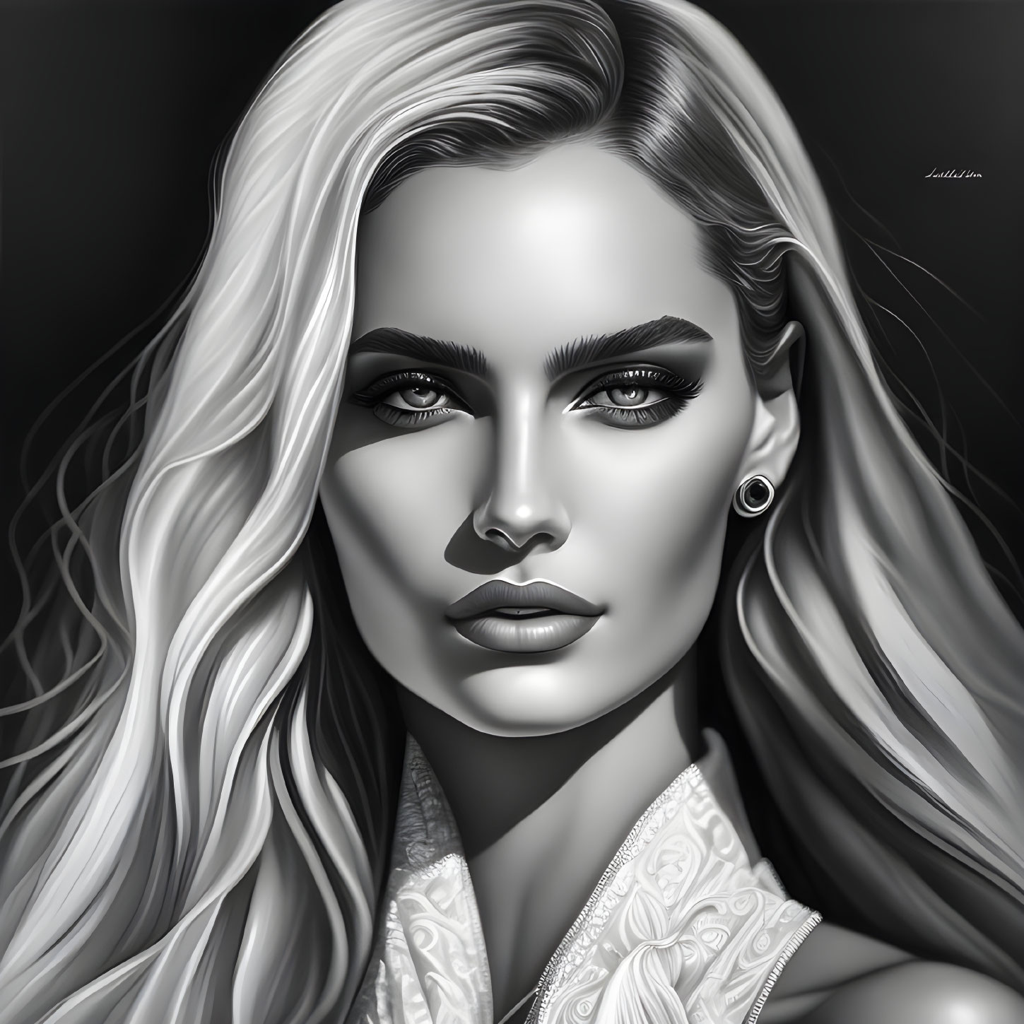 Monochrome digital portrait of a woman with long wavy hair and intense eyes