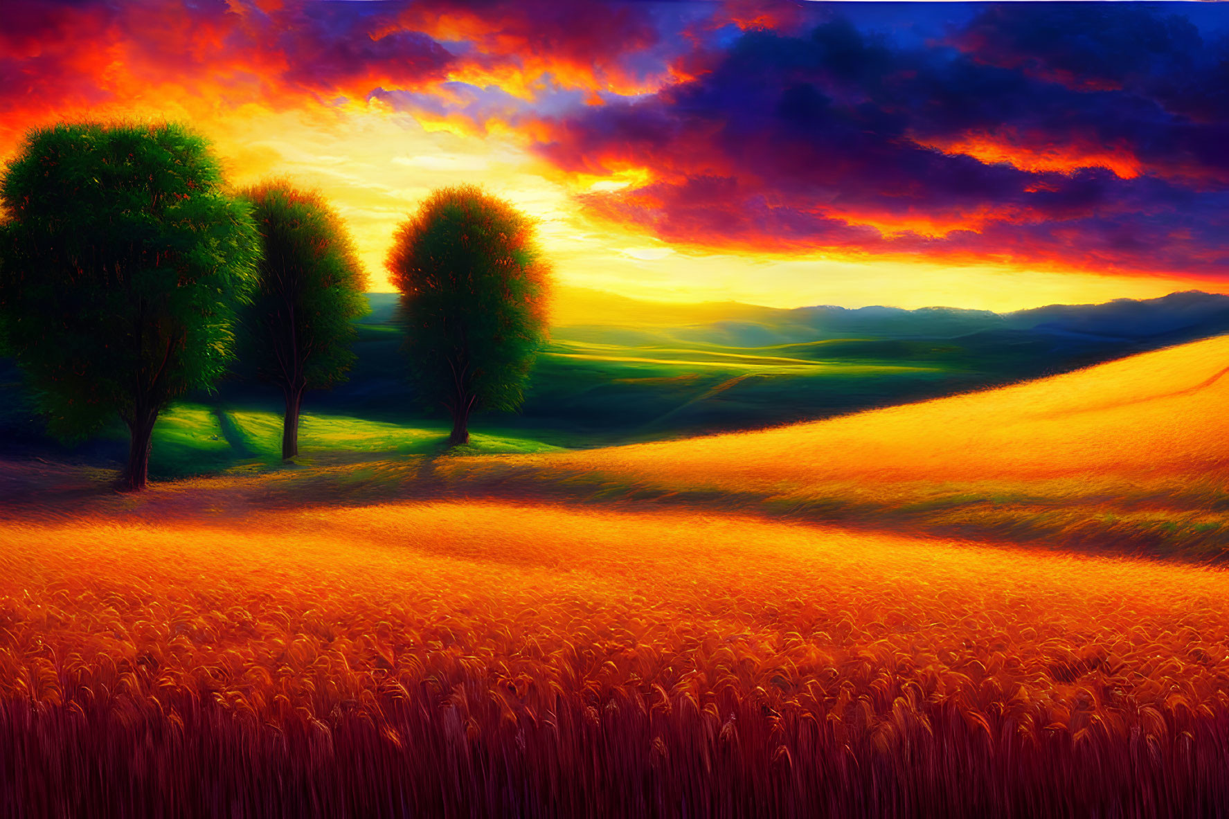 Vivid sunset over wheat field with silhouetted trees