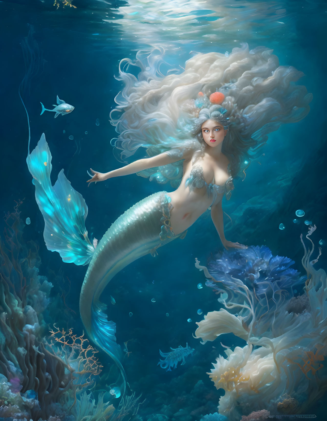 Mystical mermaid with long flowing hair and shimmering fish tail underwater among coral and marine life