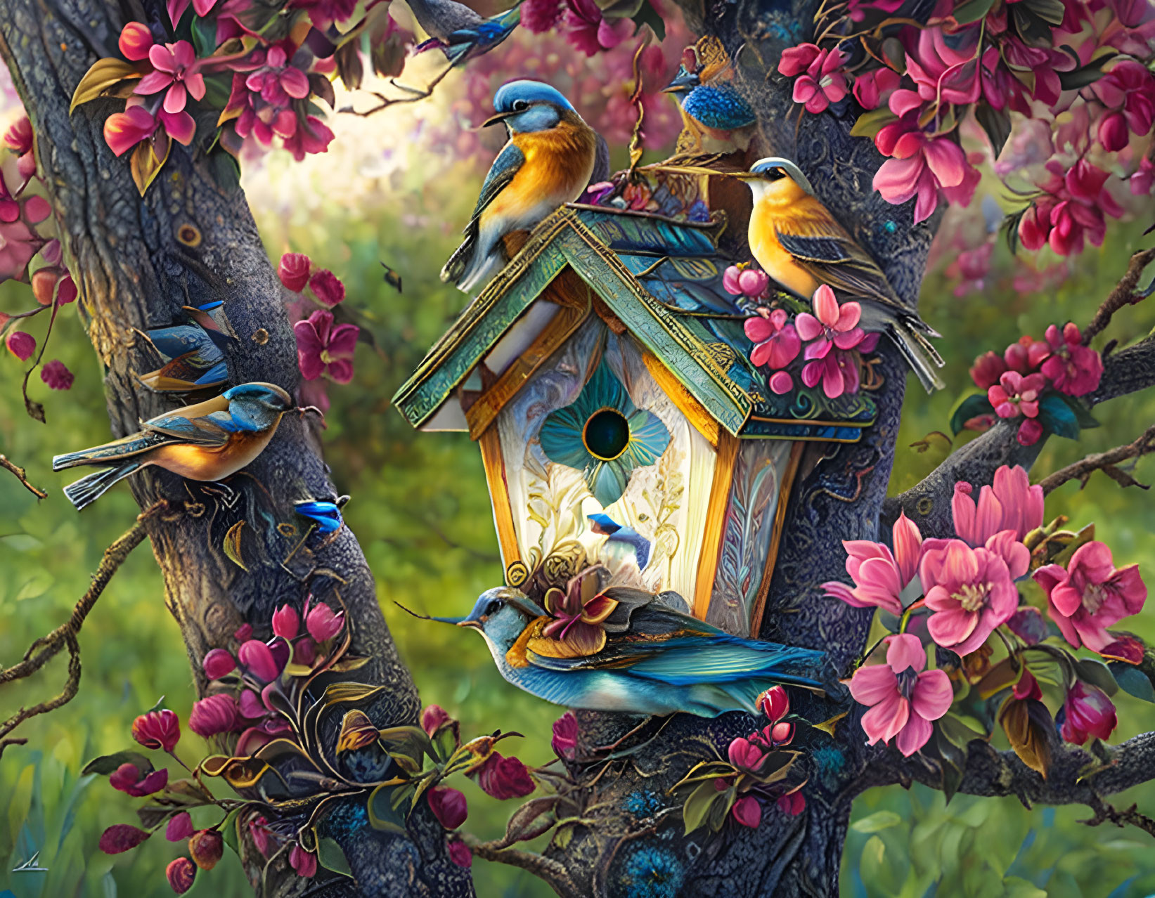 Vibrant Birds on Branches Near Ornate Birdhouse amid Pink Blossoms