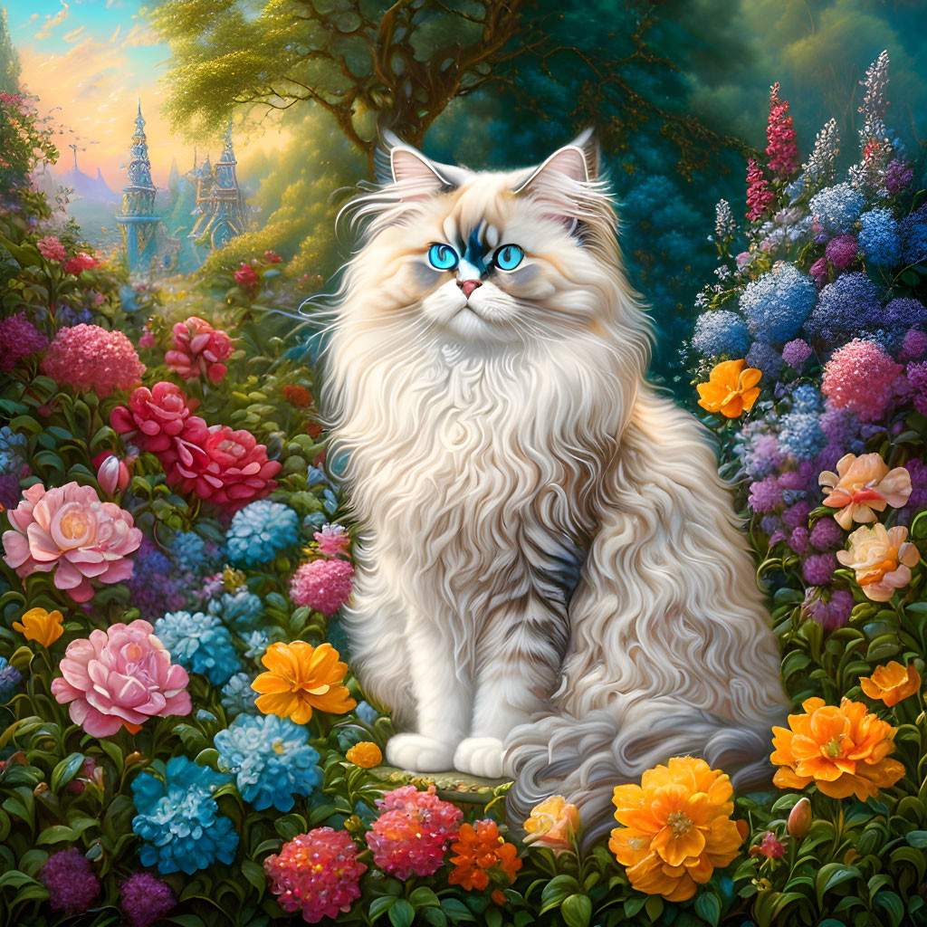 Fluffy cat with blue eyes in colorful garden with castle view