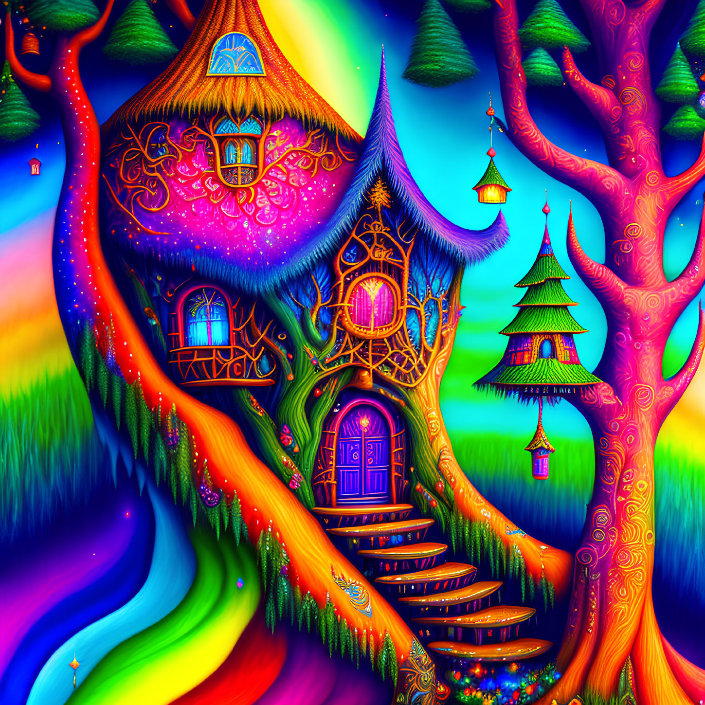 Colorful Psychedelic Treehouse Illustration Among Vibrant Trees