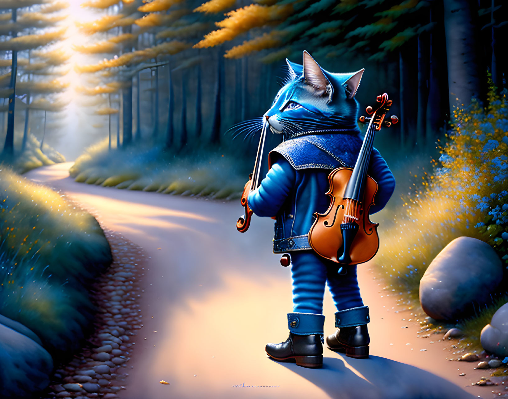 Anthropomorphic cat in denim jacket holding violin in misty forest scene