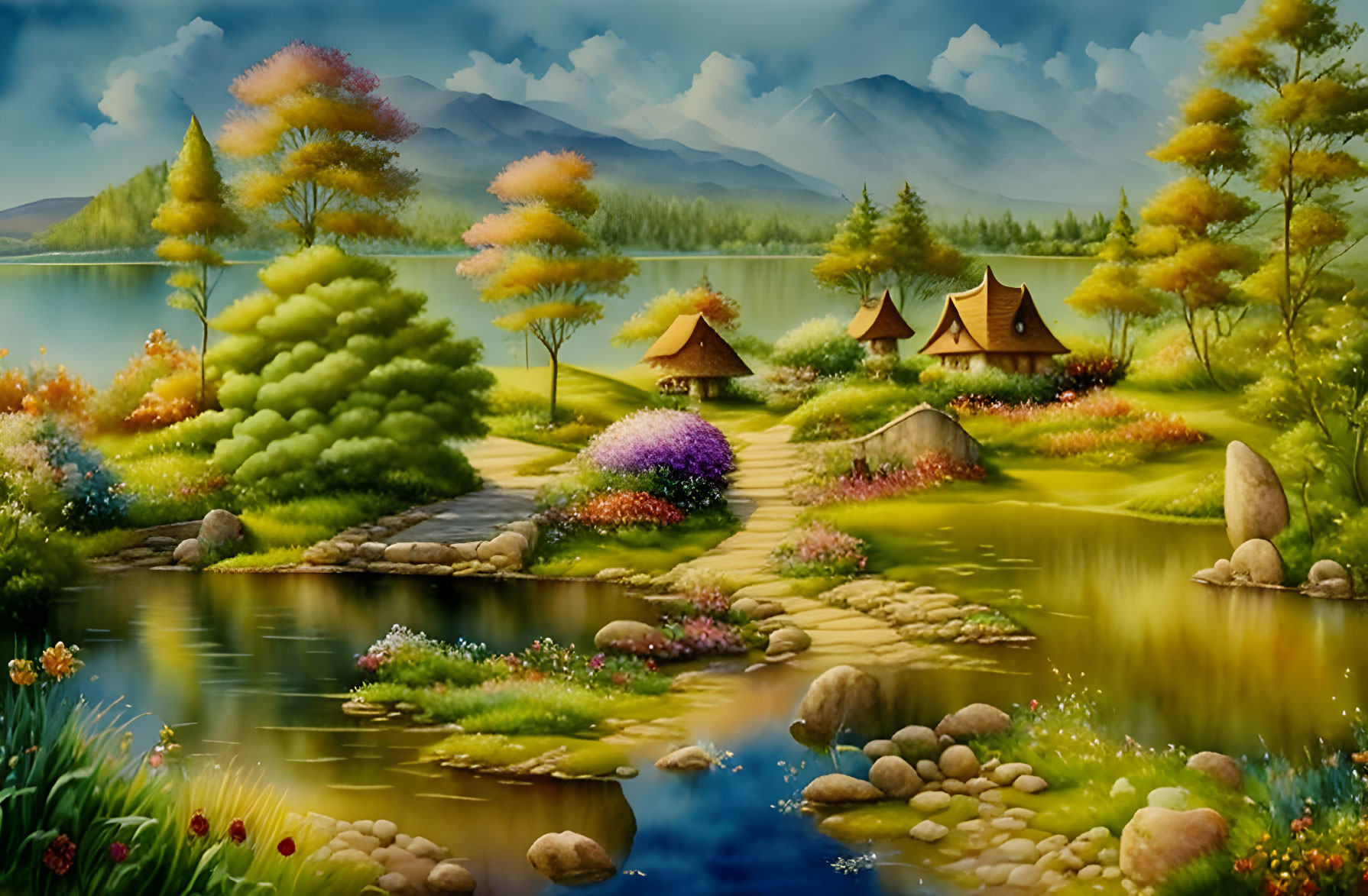 Tranquil lakeside landscape with thatched huts, stone path, colorful flowers, and mountains