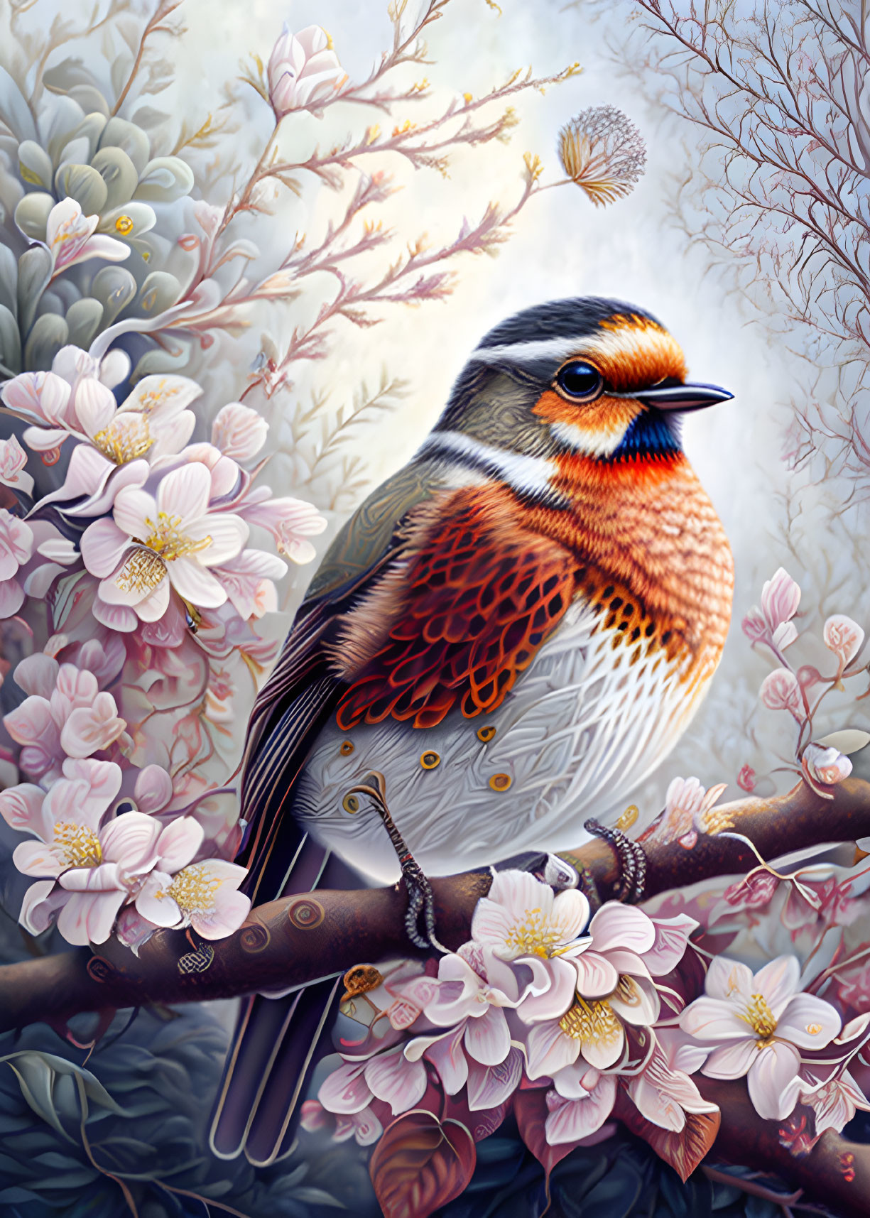 Colorful bird illustration on branch with intricate feathers & blooming flowers