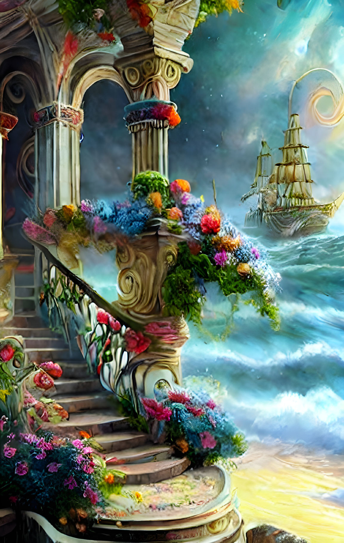 Ornate flower-adorned staircase in fantastical sky realm