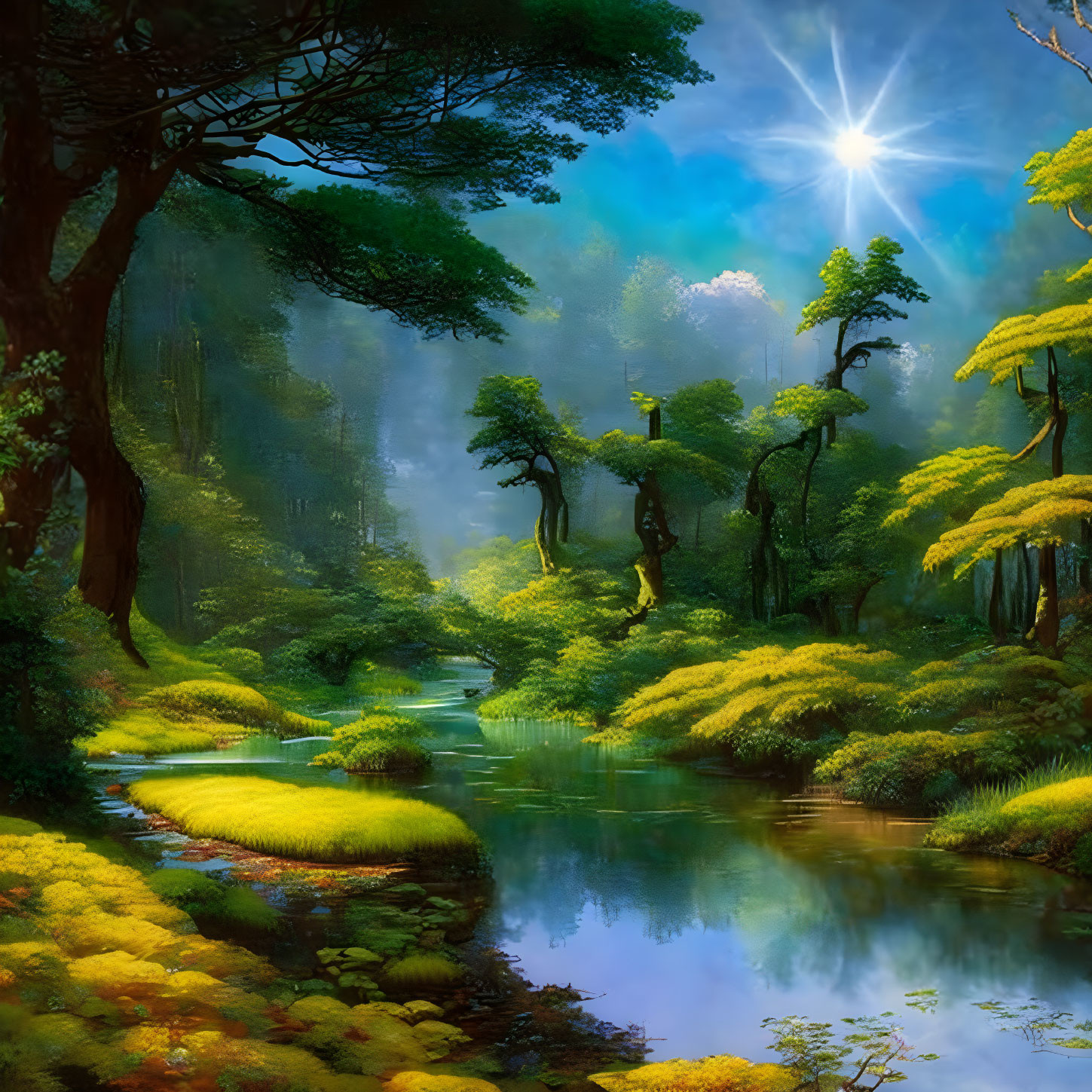 Tranquil forest landscape with river, greenery, trees, and sun beams