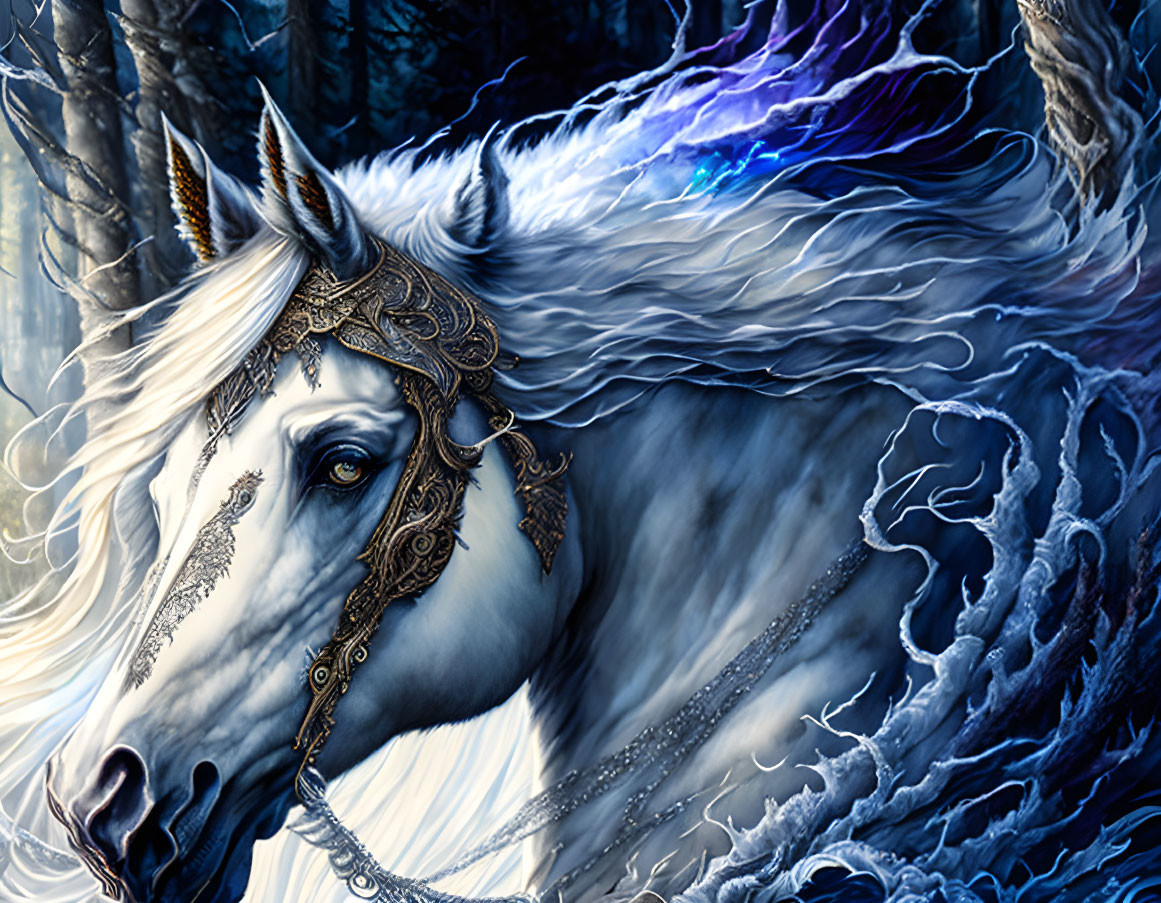 White unicorn with spiraling horn in blue forest with magical mane