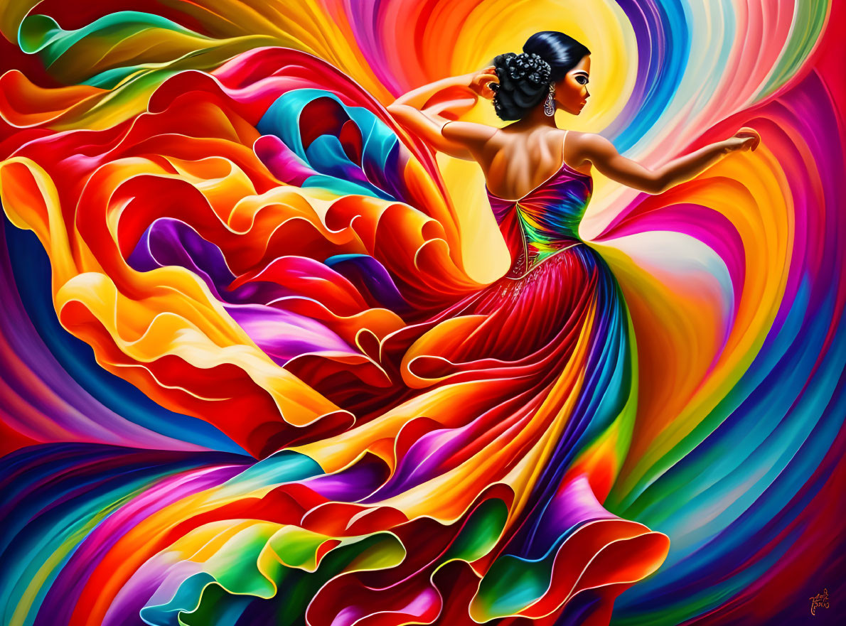 Colorful digital painting of a woman dancing in flowing dress