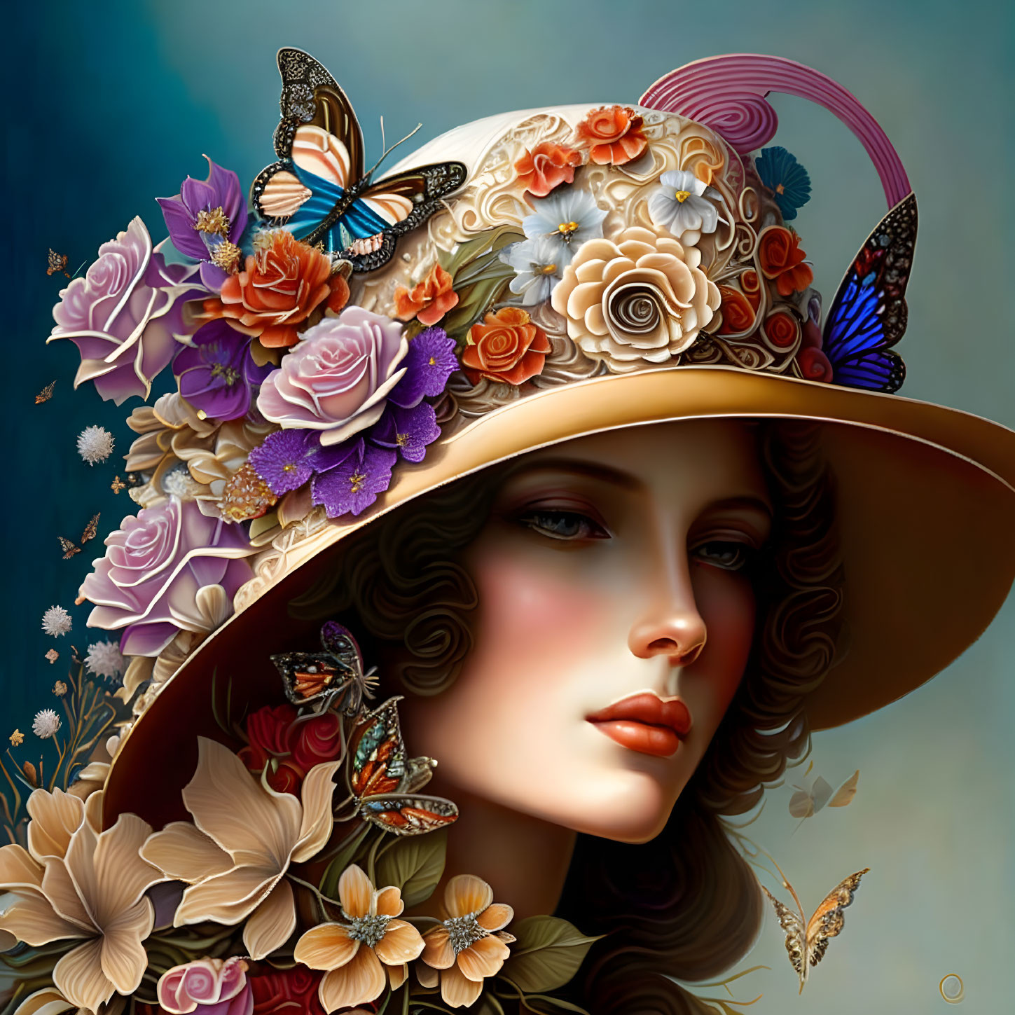 Detailed digital art portrait of a woman with floral hat and butterflies on blue background