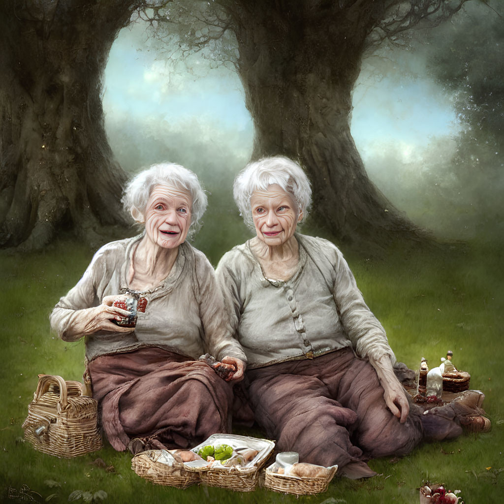 Elderly Women Enjoying Picnic in Serene Nature Setting