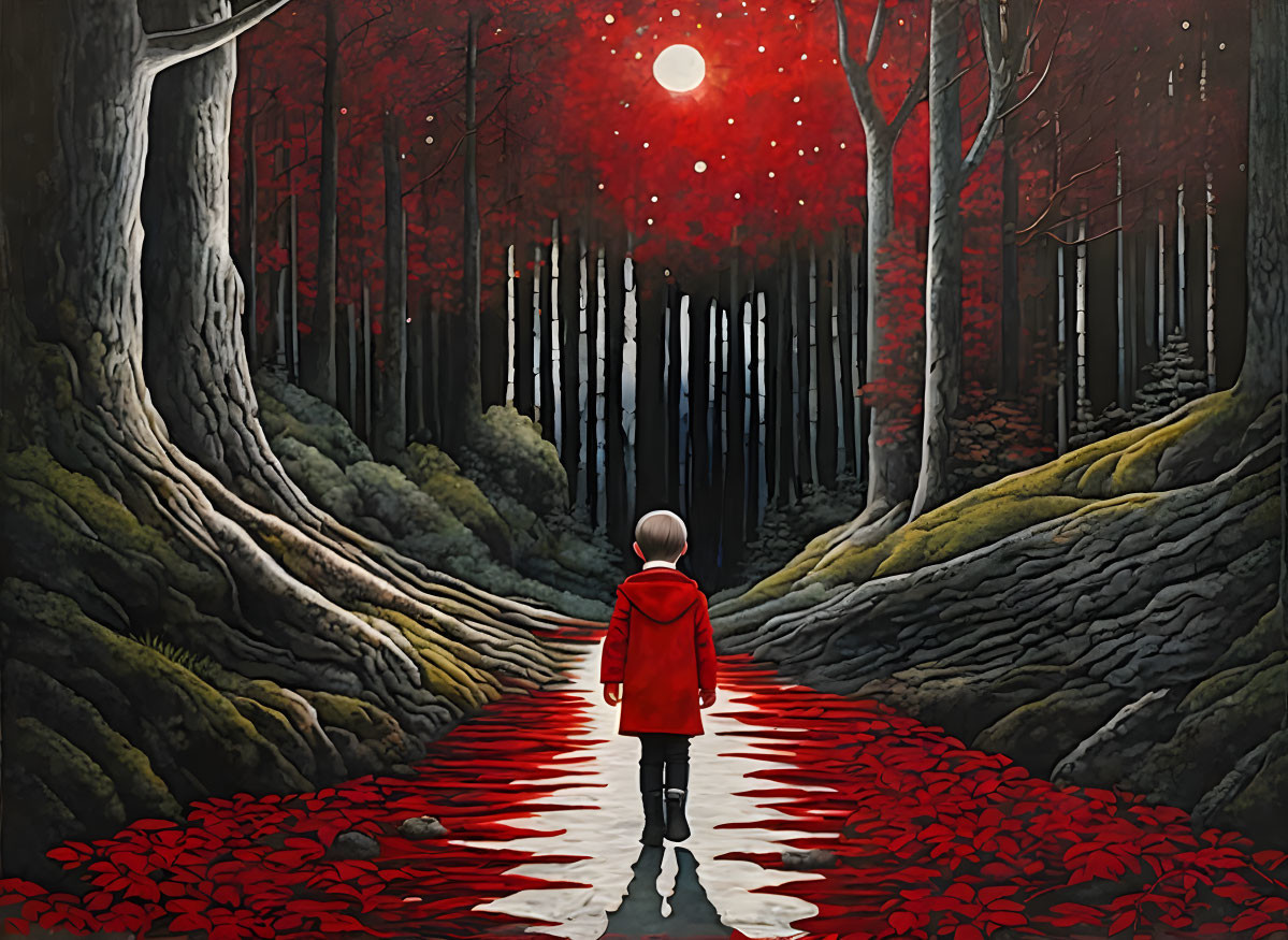 Child in red coat in magical forest with falling red leaves and glowing moon.