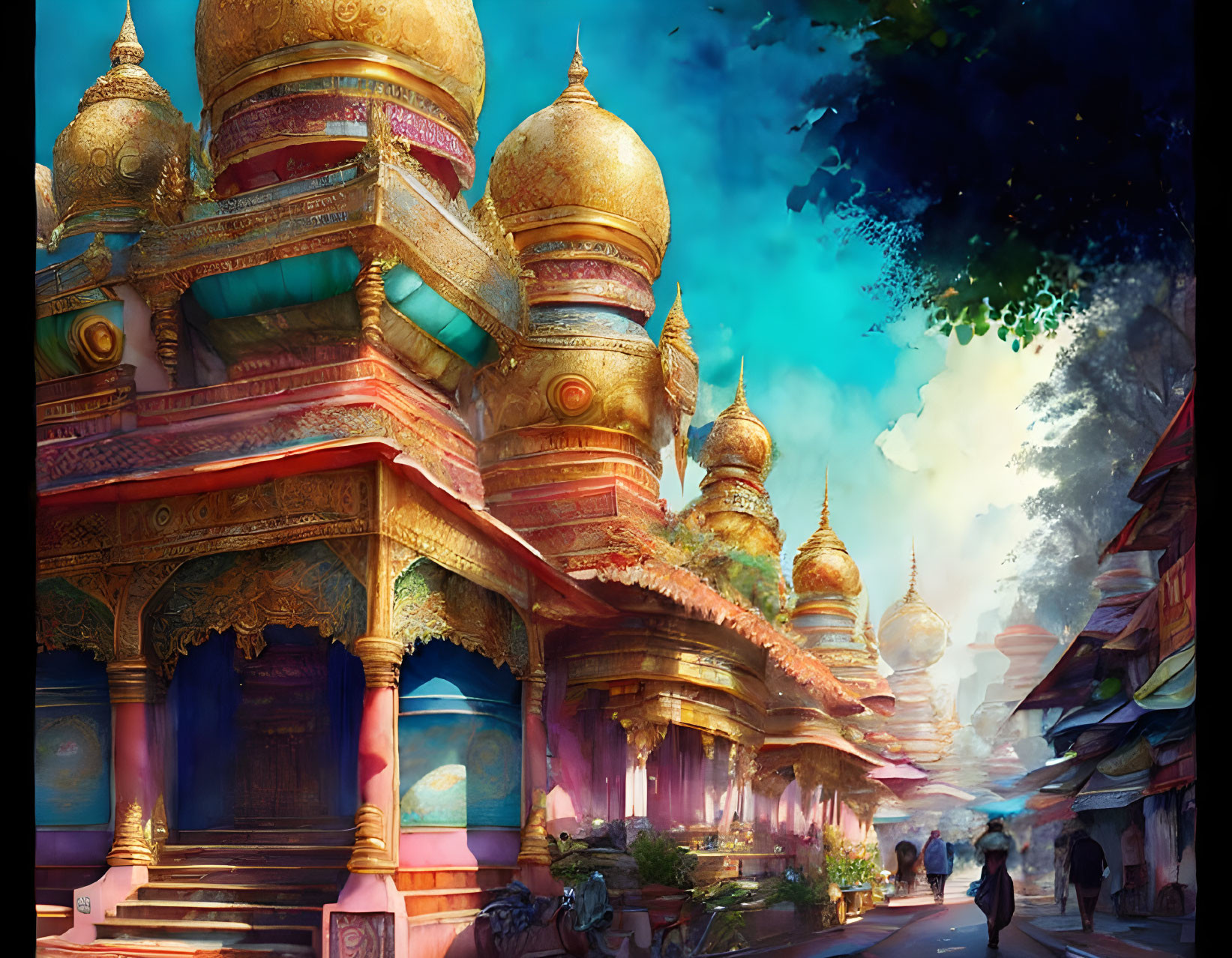 Fantasy market street with golden domes under blue sky