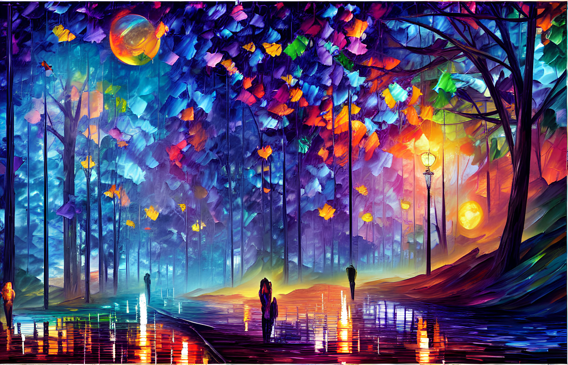 Colorful Forest Scene with Luminous Orbs and Silhouettes of People