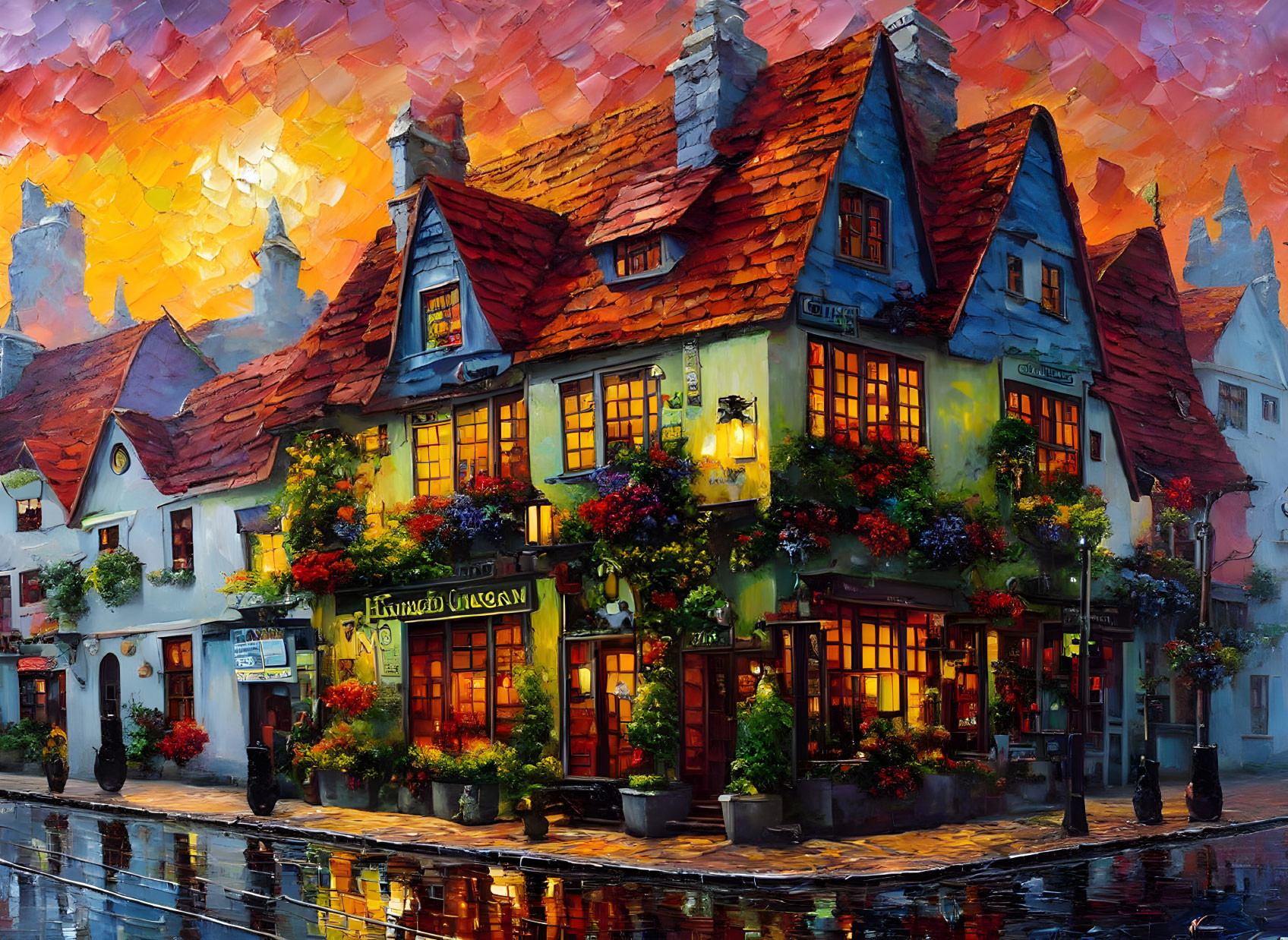 European Street Painting: Vibrant Dusk Scene with Canal