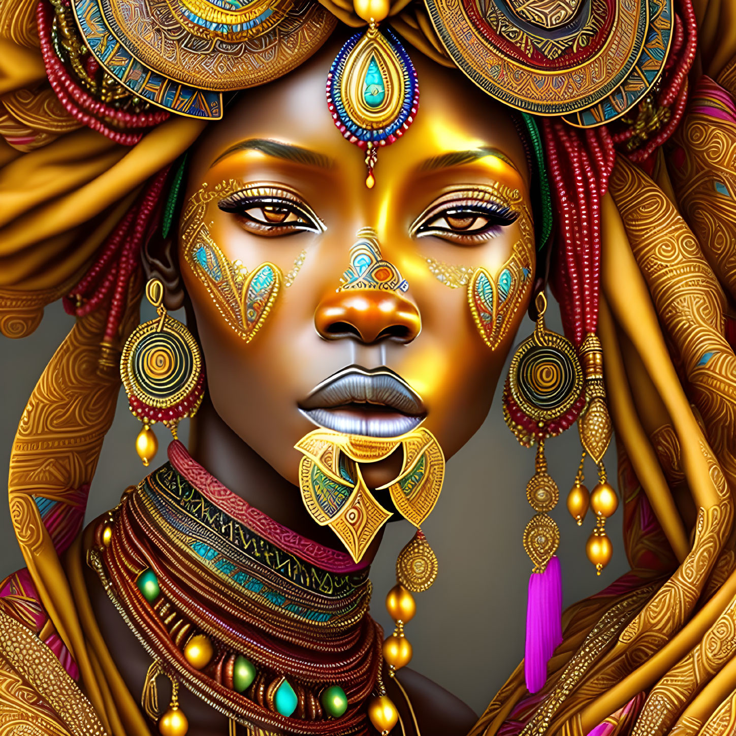 Detailed illustration of woman in ornate traditional attire with golden jewelry and face paint.