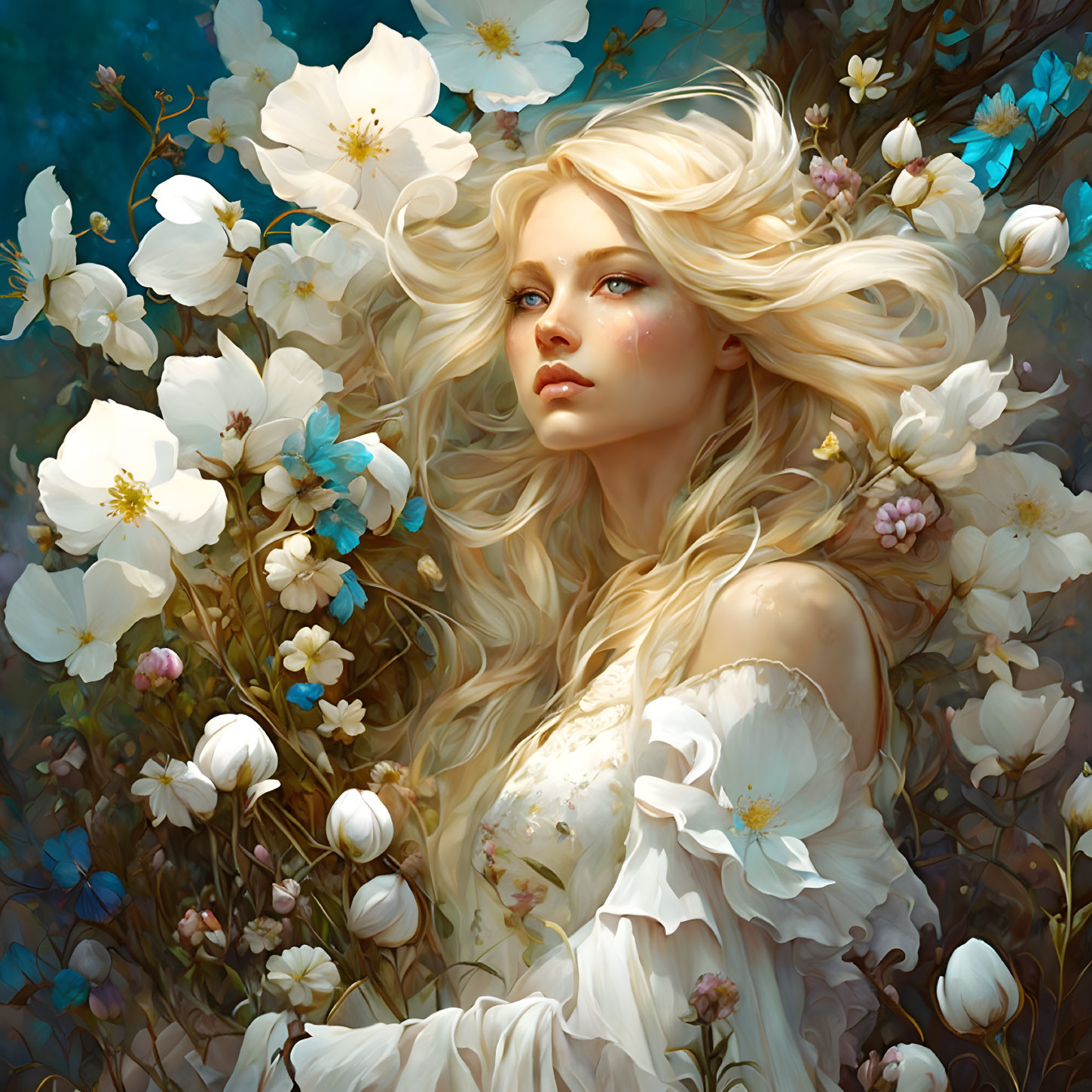 Blonde woman surrounded by white and blue flowers