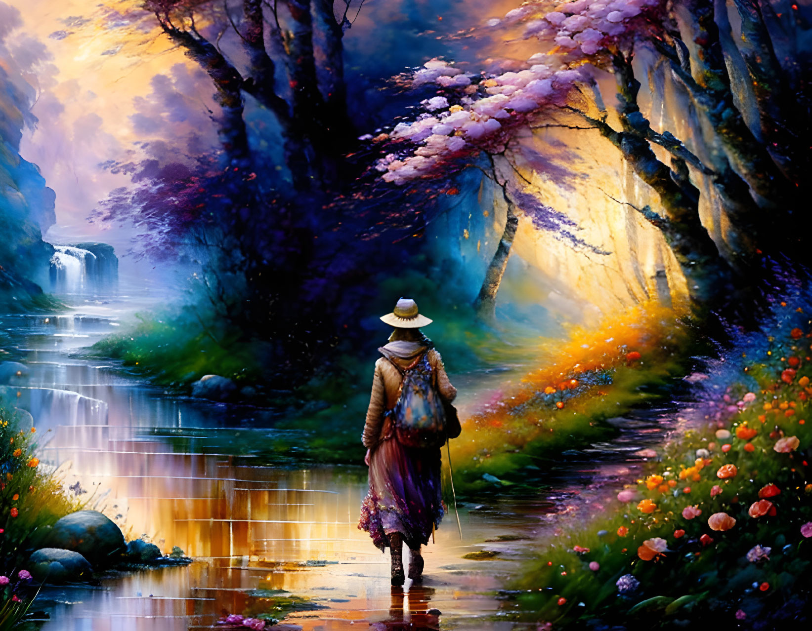 Person in straw hat walking along vibrant flower-lined river path