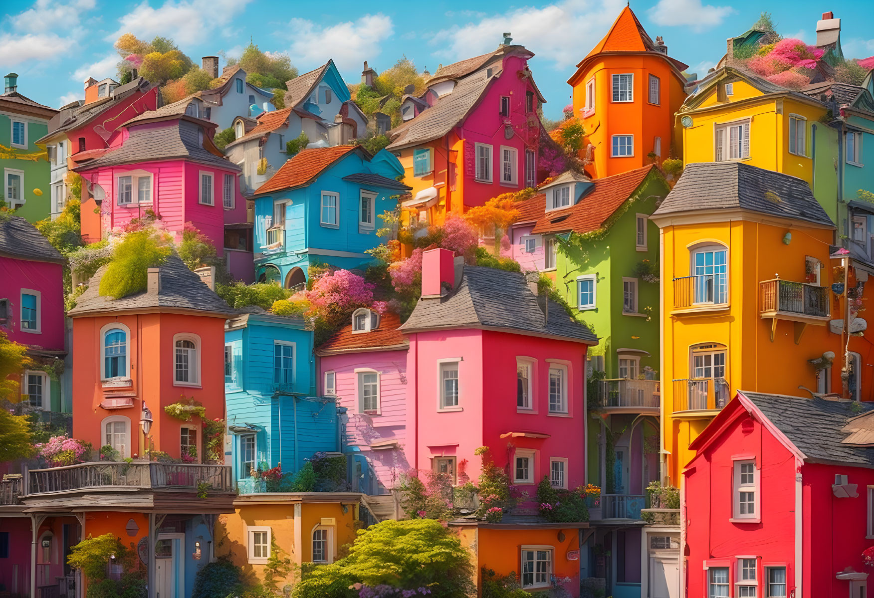 Colorful Houses and Flowering Trees in Hillside Neighborhood