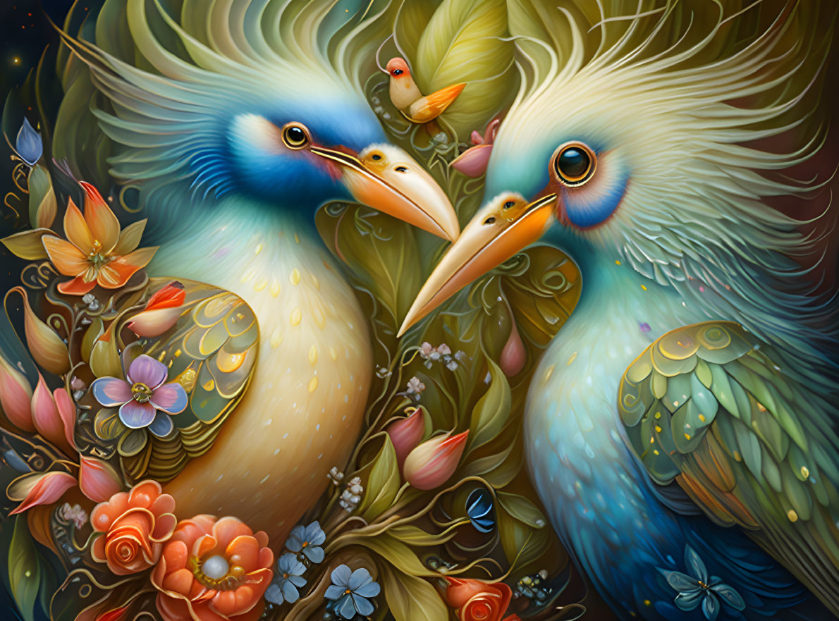 Colorful illustration of stylized birds and lush flora scene