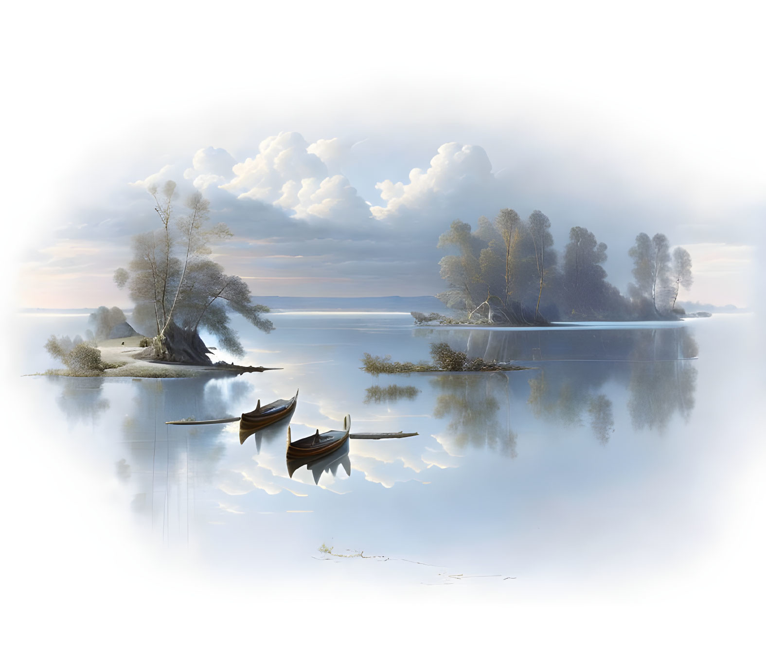 Tranquil landscape with boats on calm water and reflecting islands