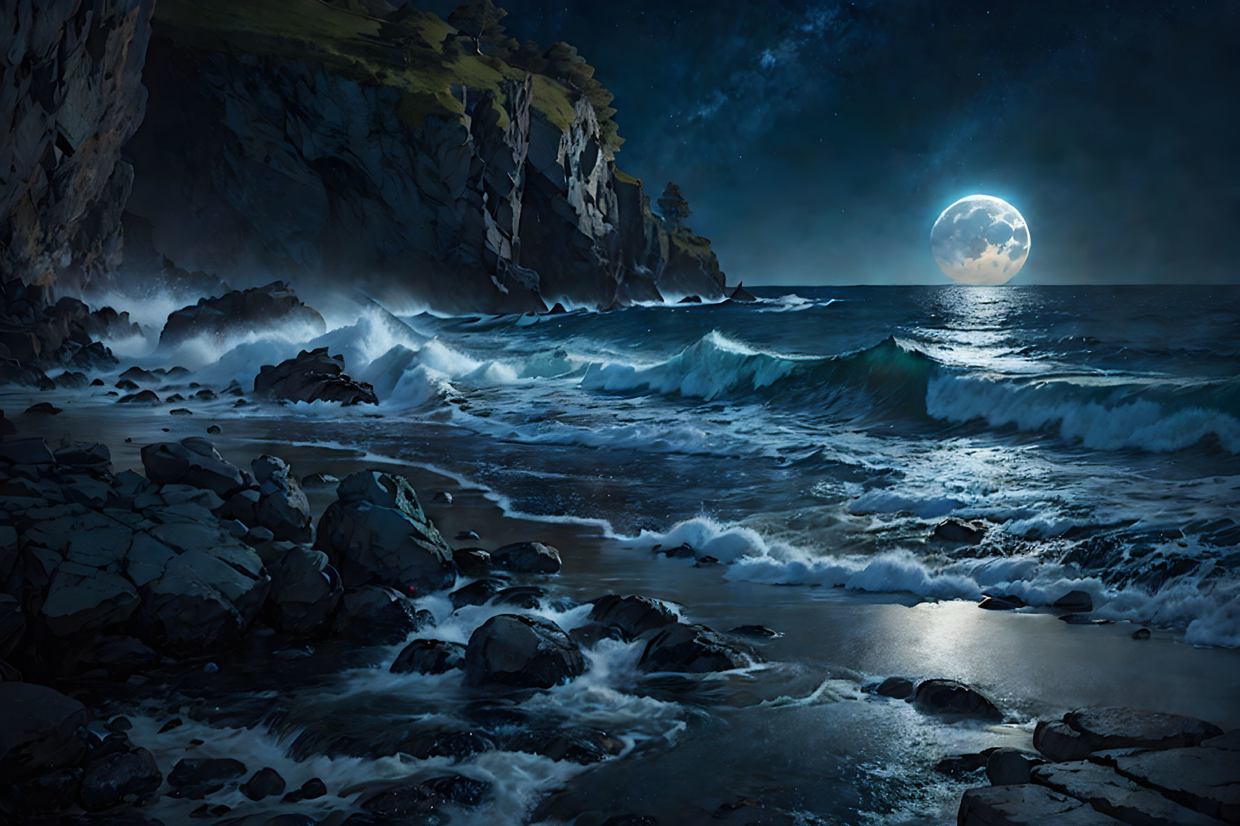 Moonlit seascape at night: Waves crashing on rocky shore, starry sky, steep cliffs