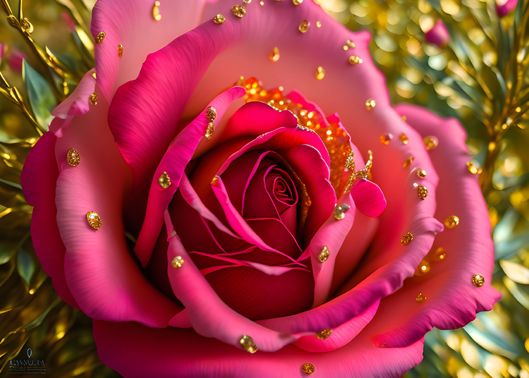 Vivid Pink Rose in Full Bloom with Golden Droplets on Petals