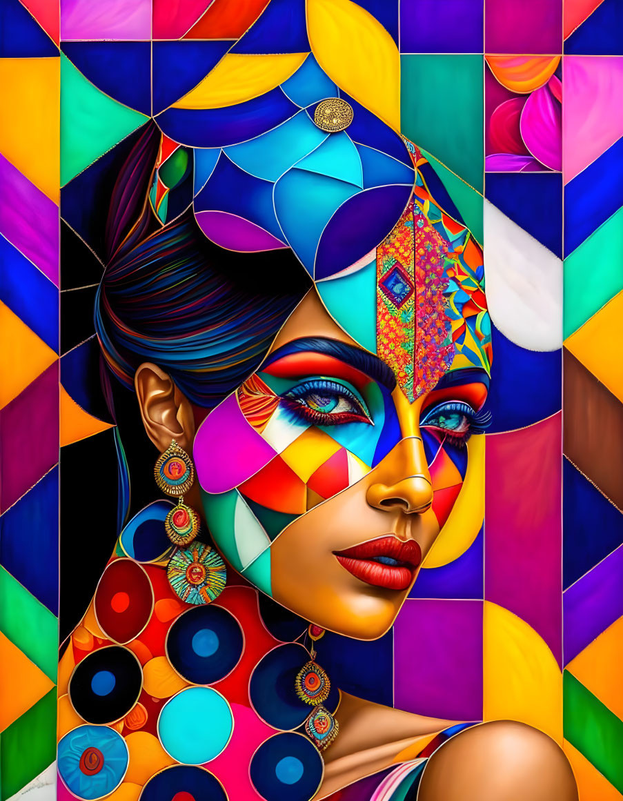 Colorful Digital Artwork: Woman with Geometric Patterns and Bold Makeup