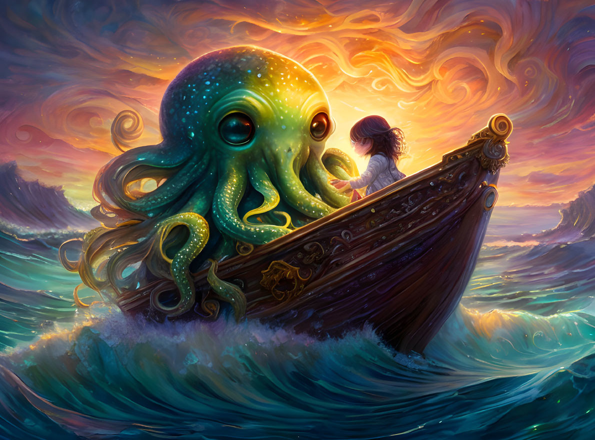 Person in boat meets giant friendly octopus in colorful ocean waves at sunset