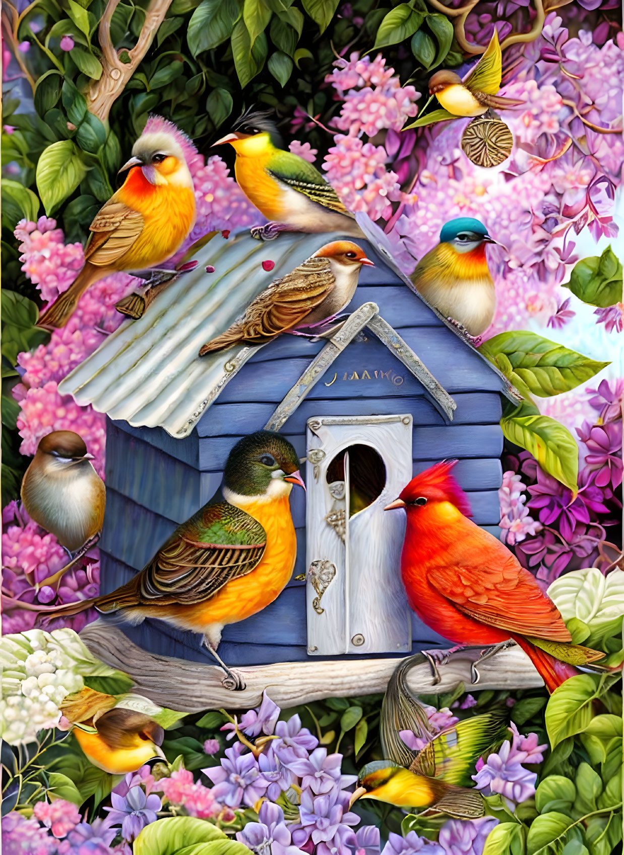 Colorful Birds Perched on Blue Birdhouse with Flowers