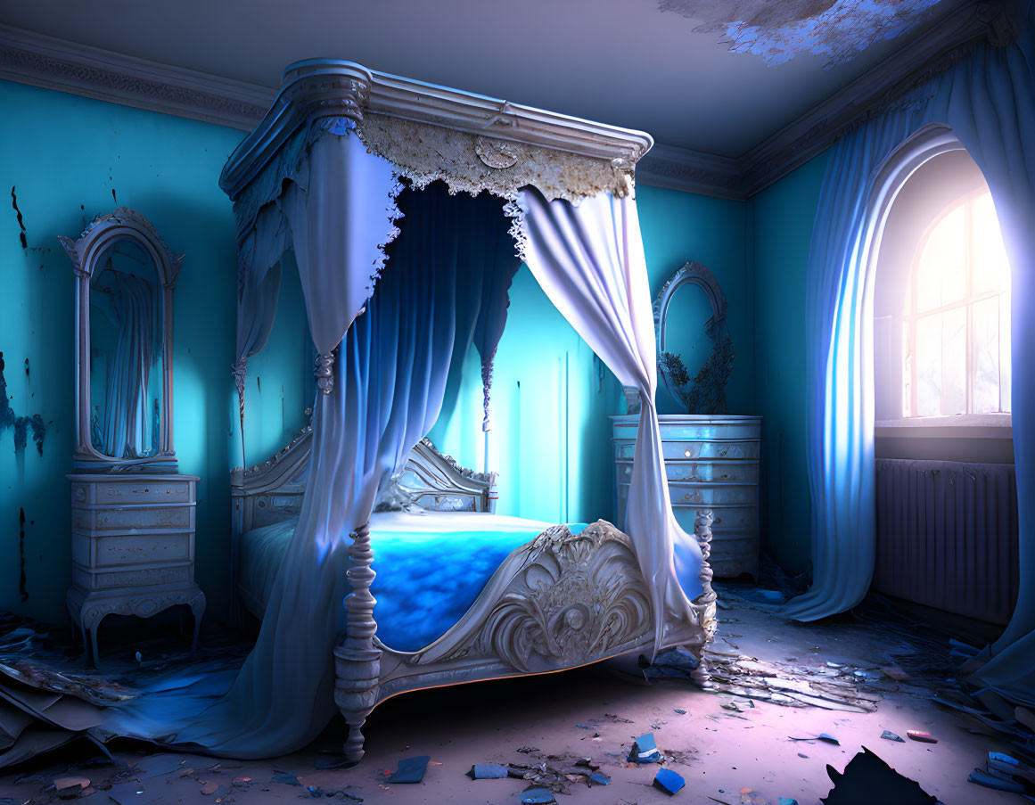 Decaying ornate canopy bed in abandoned bedroom