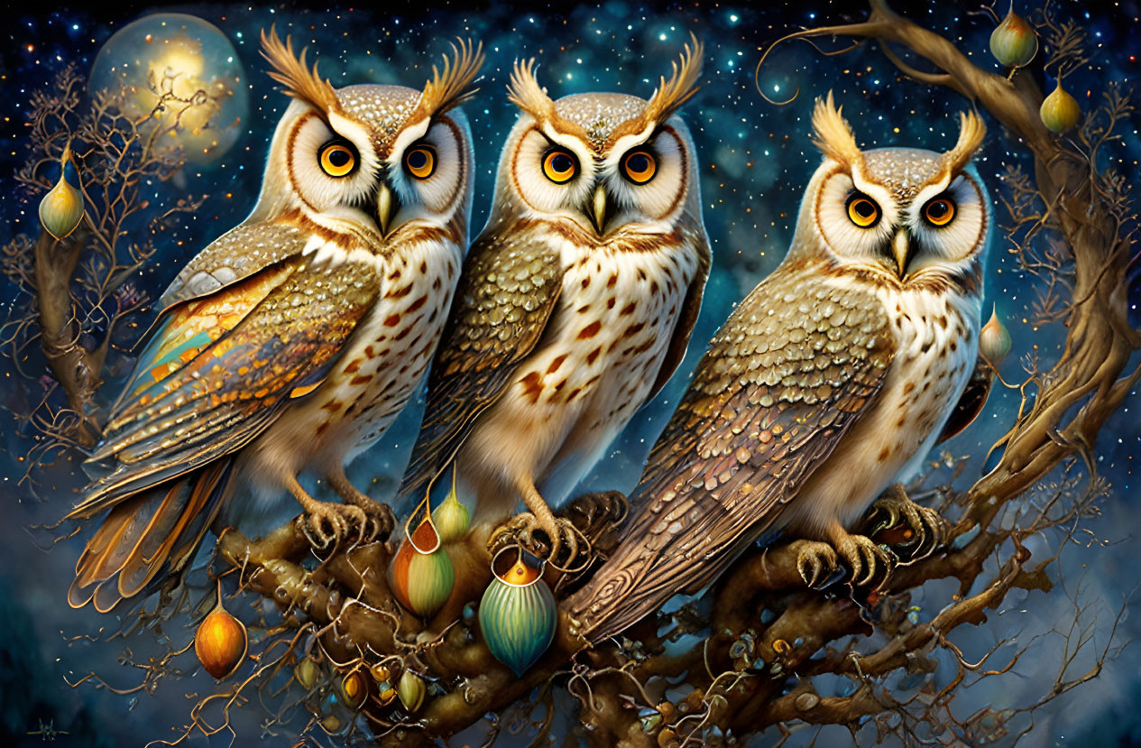 Three intricate patterned owls on branch under night sky.