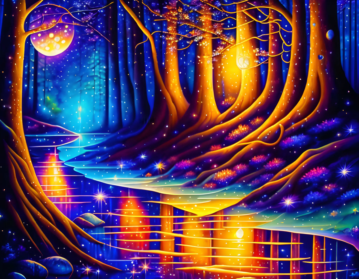 Whimsical digital artwork: Magical forest with glowing trees, stars, and reflective river