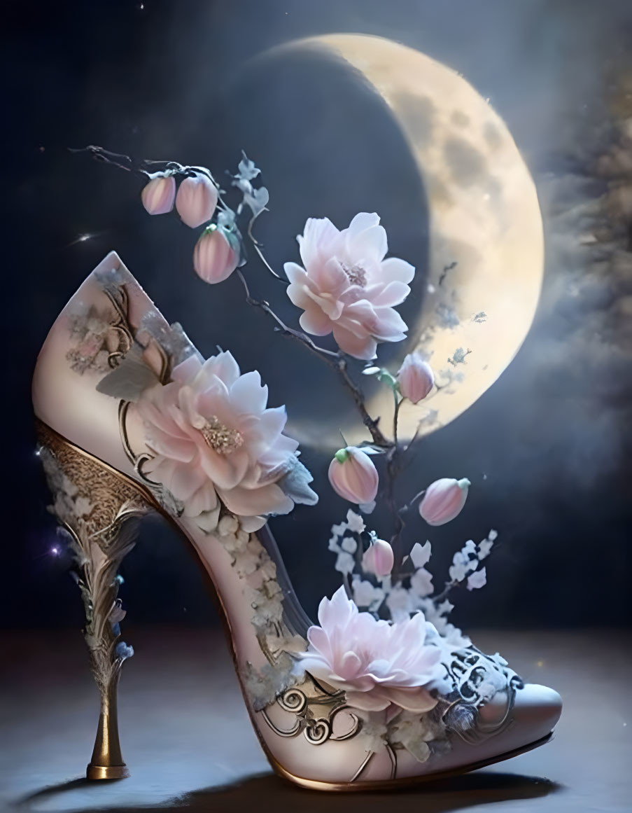 Pink Flower-Adorned High-Heeled Shoe under Full Moon