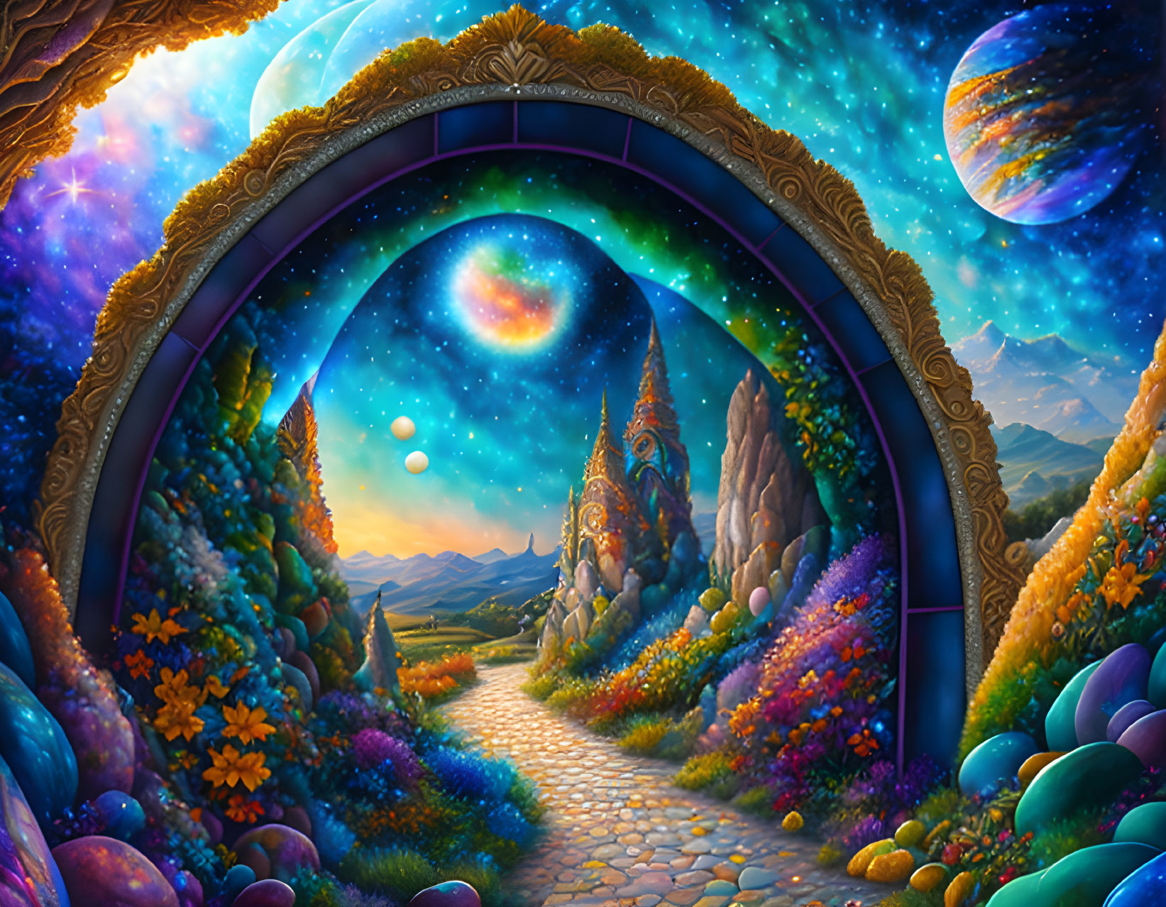 Fantasy archway leading to floral landscape and cosmic sky