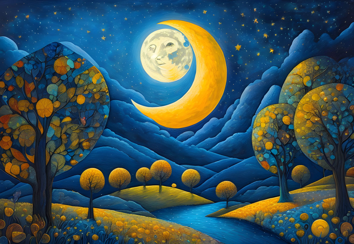 Whimsical night scene painting with crescent moon, stars, and vibrant trees