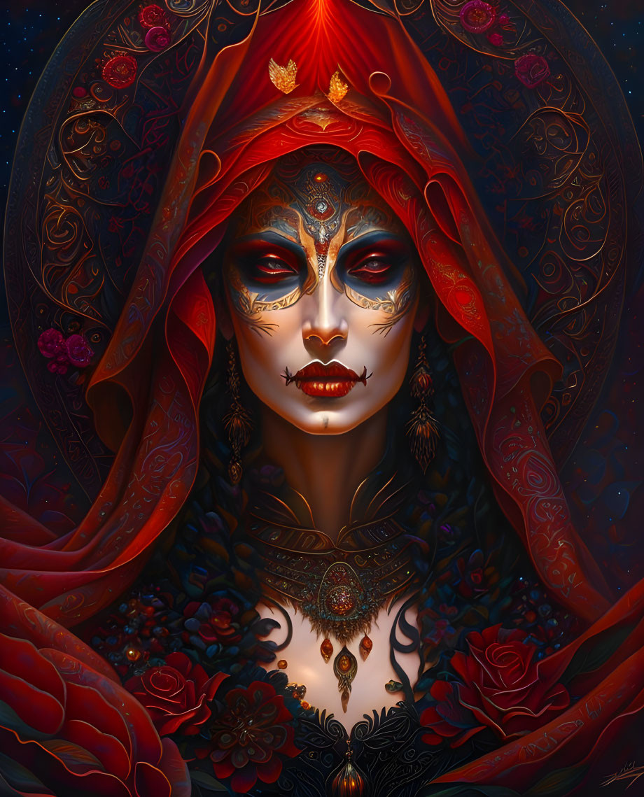 Mystical figure with gold and red makeup, adorned in jewelry, surrounded by crimson flowers