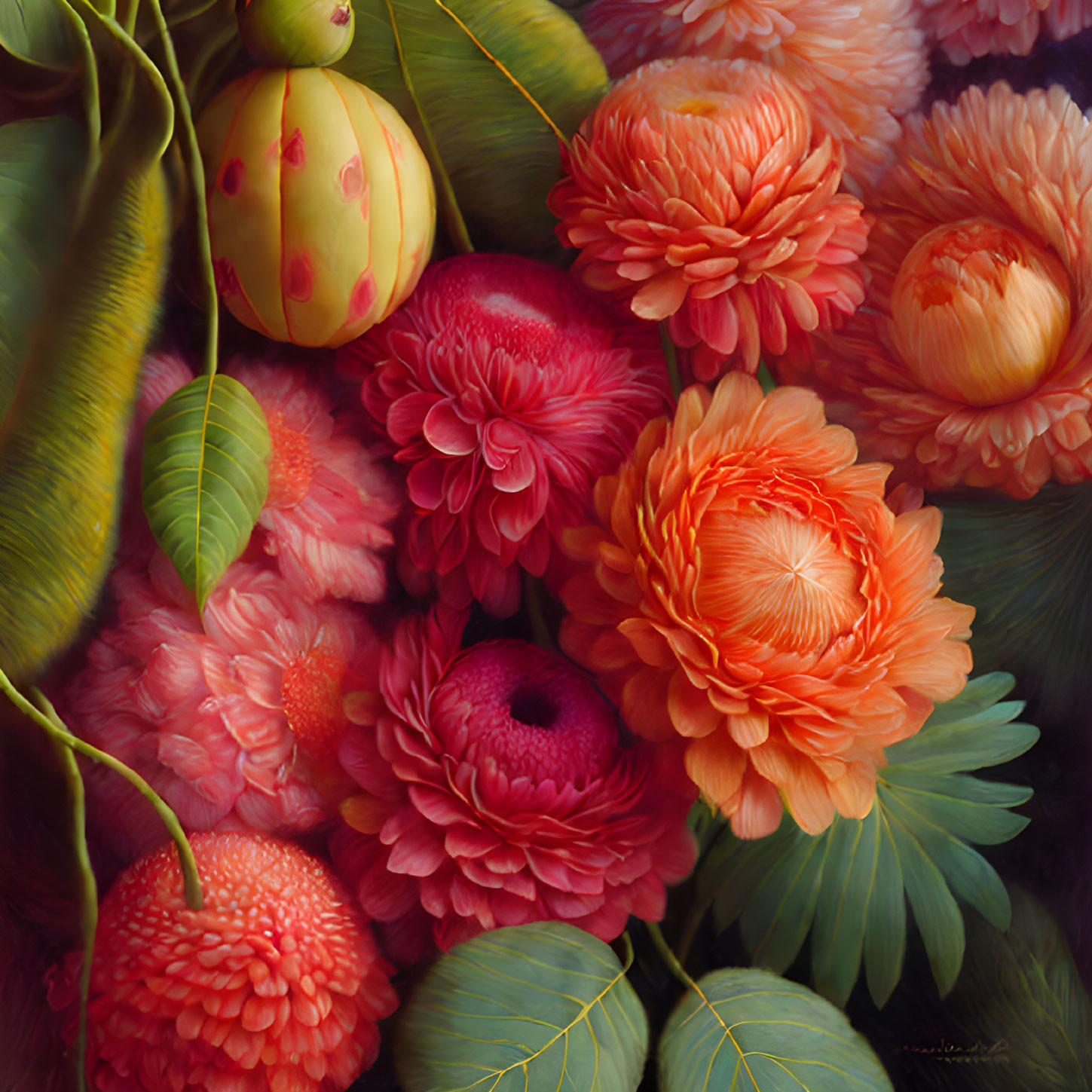 Colorful still life of vibrant flowers, lush leaves, and ripening fruit