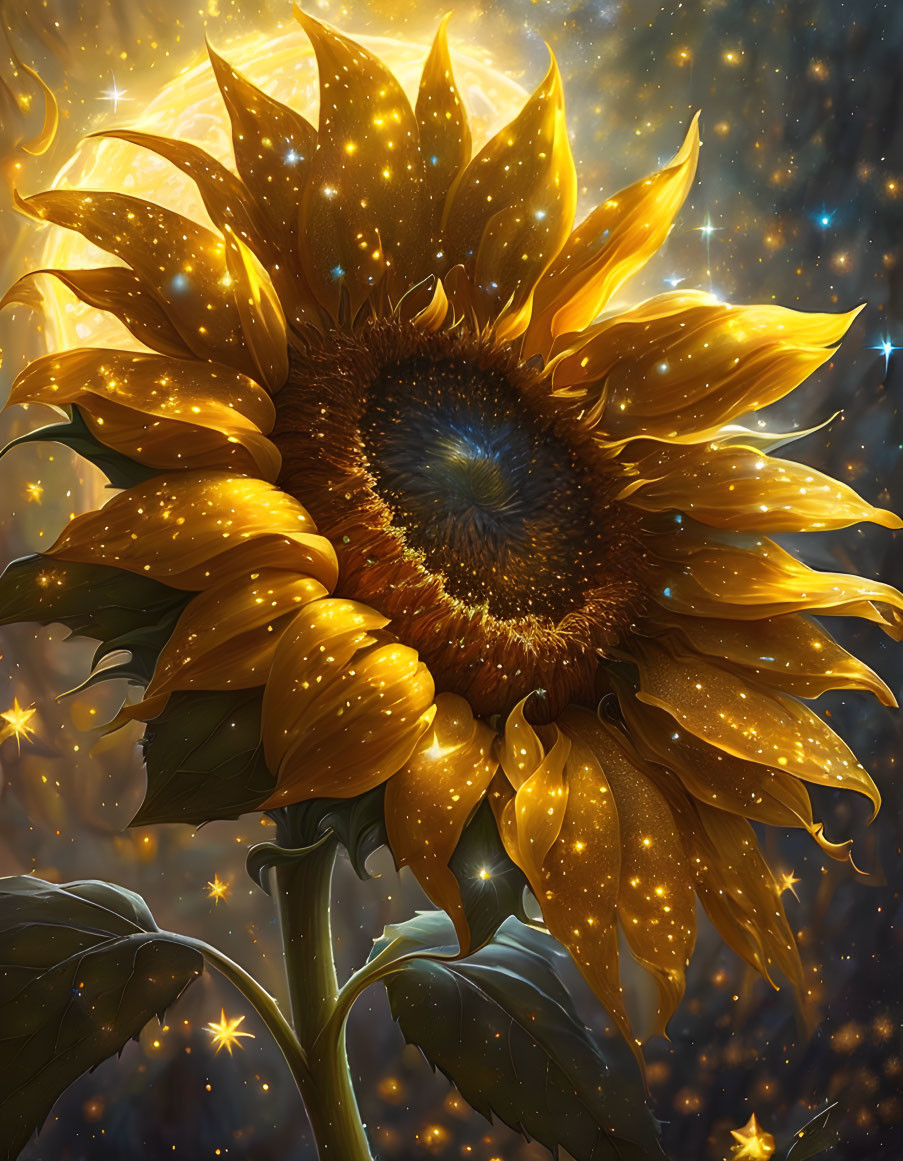 Sunflower digital painting with stars and sparkles: starry night meets sun warmth